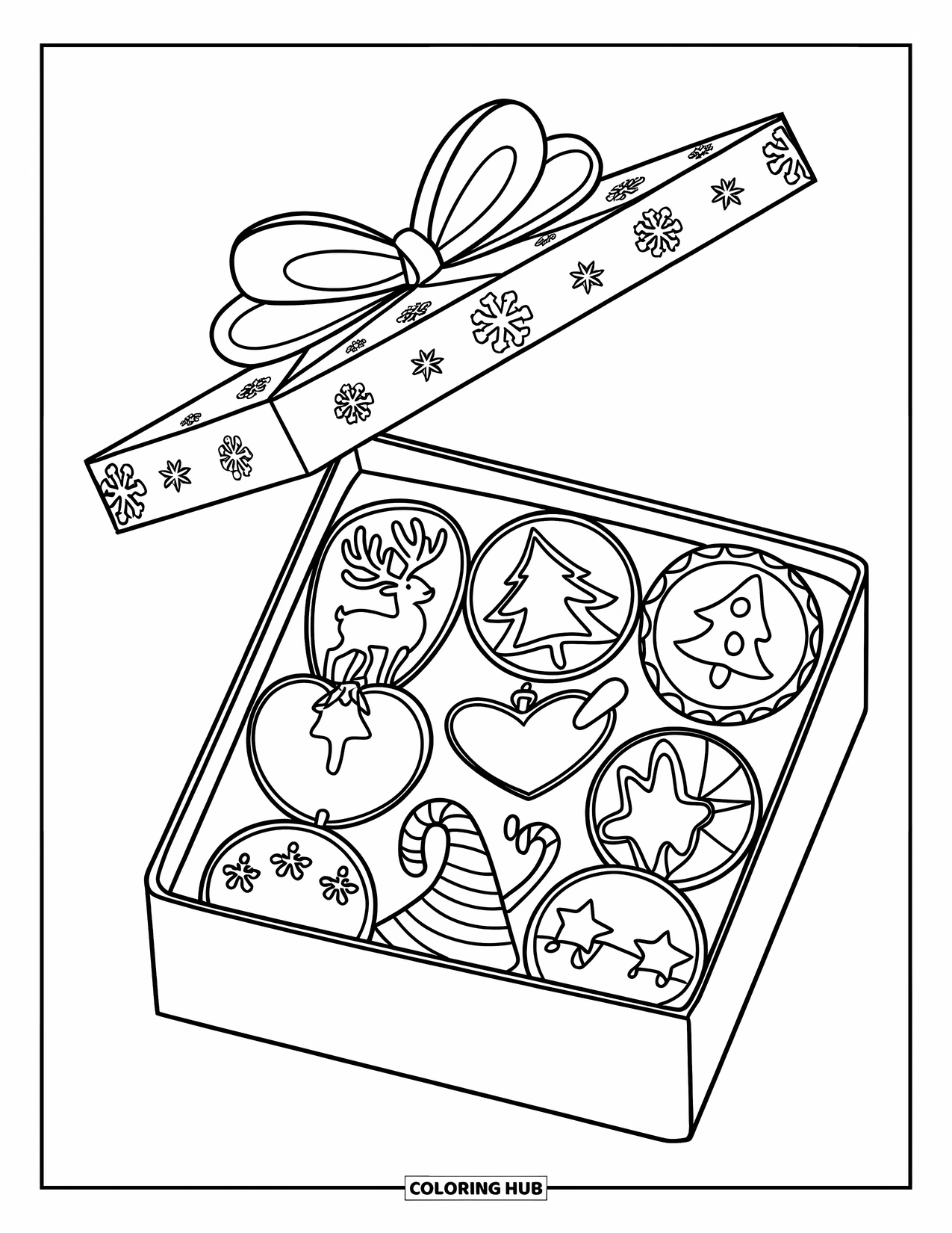 Christmas Cookie Coloring Page for Kids: Holiday cookies are tucked inside a snowflake-decorated box