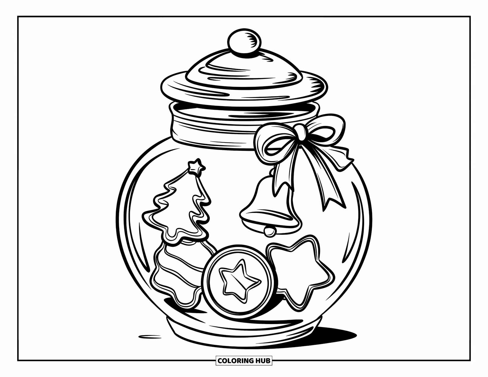 Christmas Cookie Coloring Page for Kids: Holiday cookies fill a jar tied with ribbon and holly