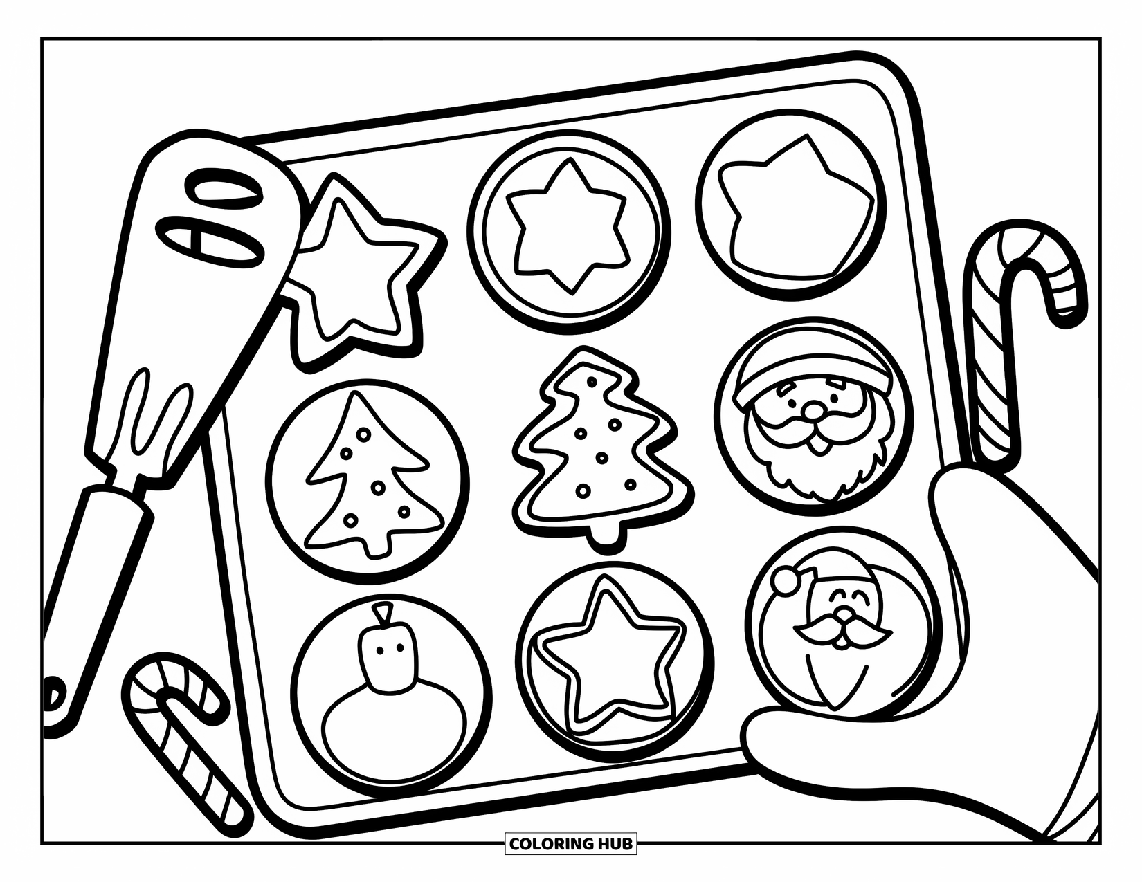 Christmas Cookie Coloring Page for Kids: Nine cookies in holiday shapes cool beside baking tools