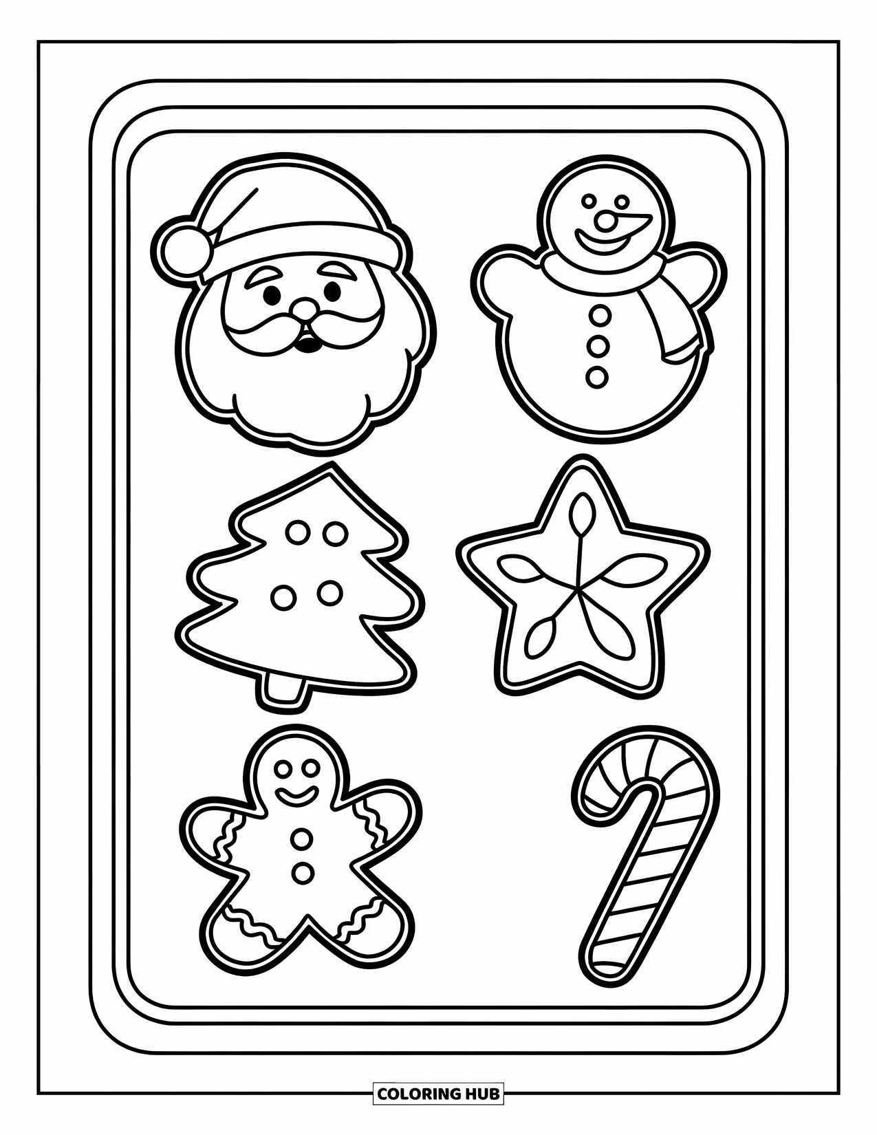 Christmas Cookie Coloring Page for Kids: Santa and snowman cookies line a tray ready to cool