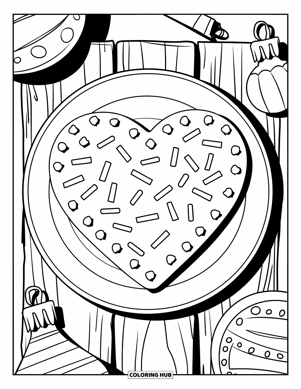 Christmas Cookie Coloring Page for Kids: Sprinkled heart cookies sit on a rustic wooden plate