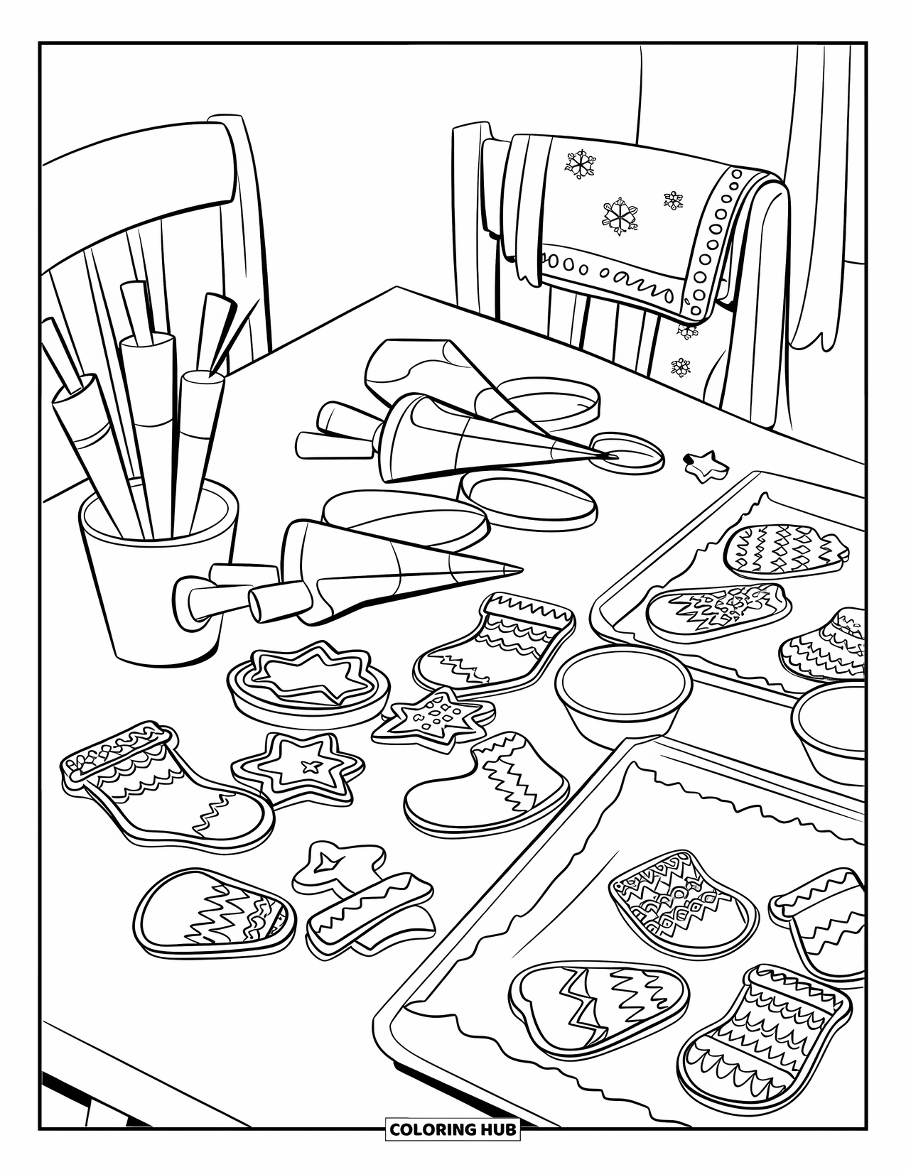 Christmas Cookie Coloring Page for Kids: Stockings and stars are being decorated on a warm kitchen table