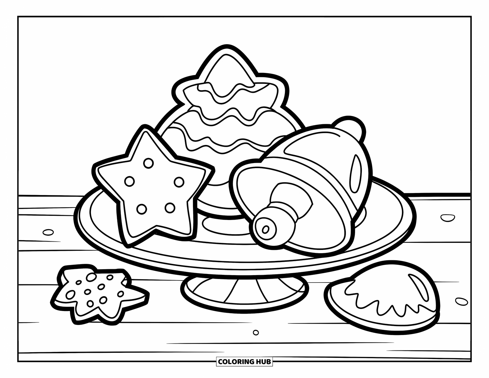 Christmas Cookie Coloring Page for Kids: Three big holiday cookies rest on a wooden table