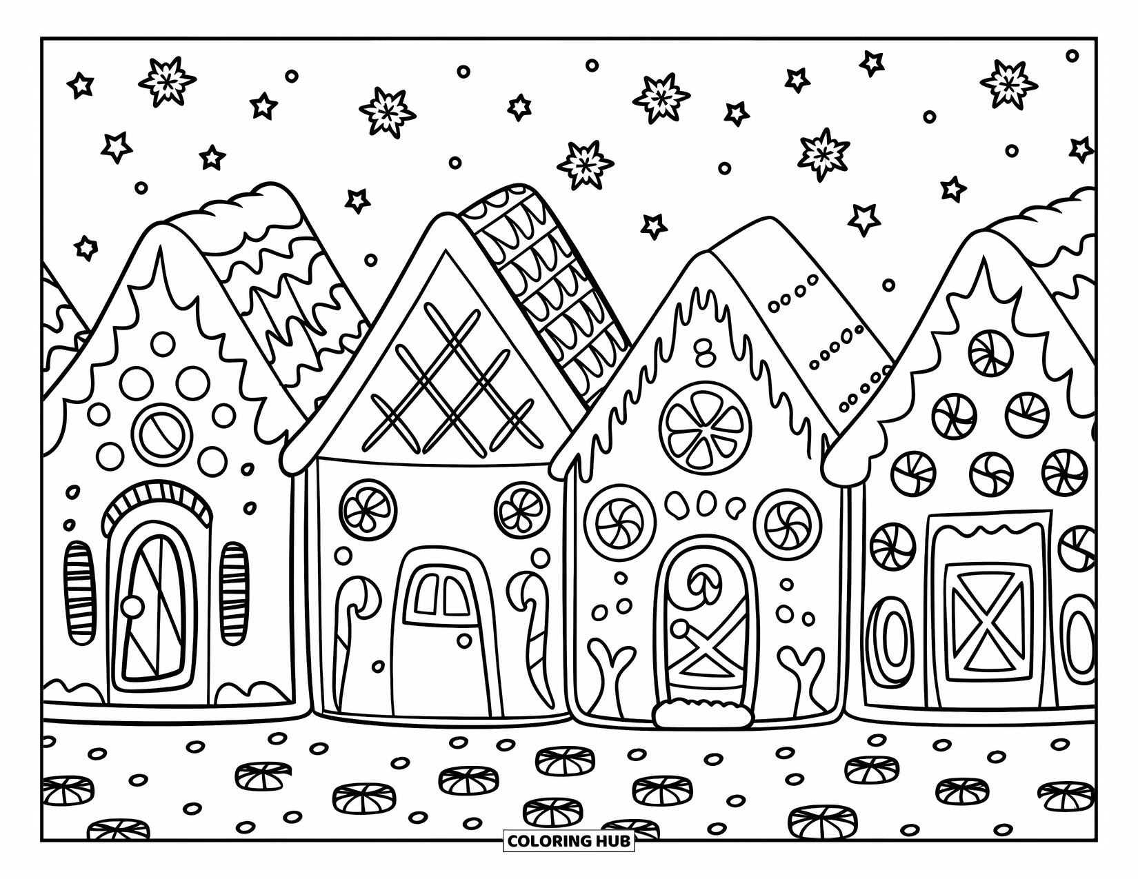 Christmas Cookie Coloring Page for Kids: Tiny gingerbread homes sparkle with frosting and snowflake magic
