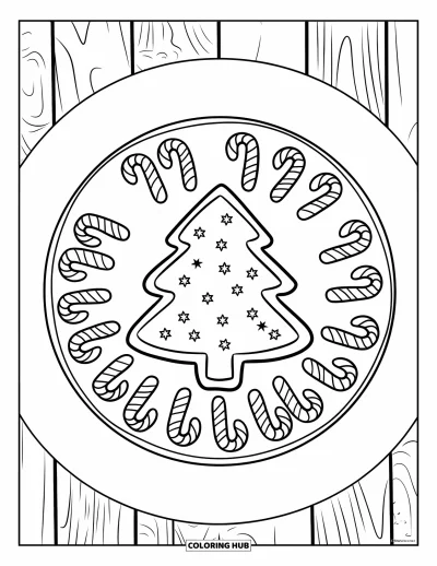 Christmas Cookie Coloring Page for Kids: Tree and candy cane cookies rest on a wooden surface
