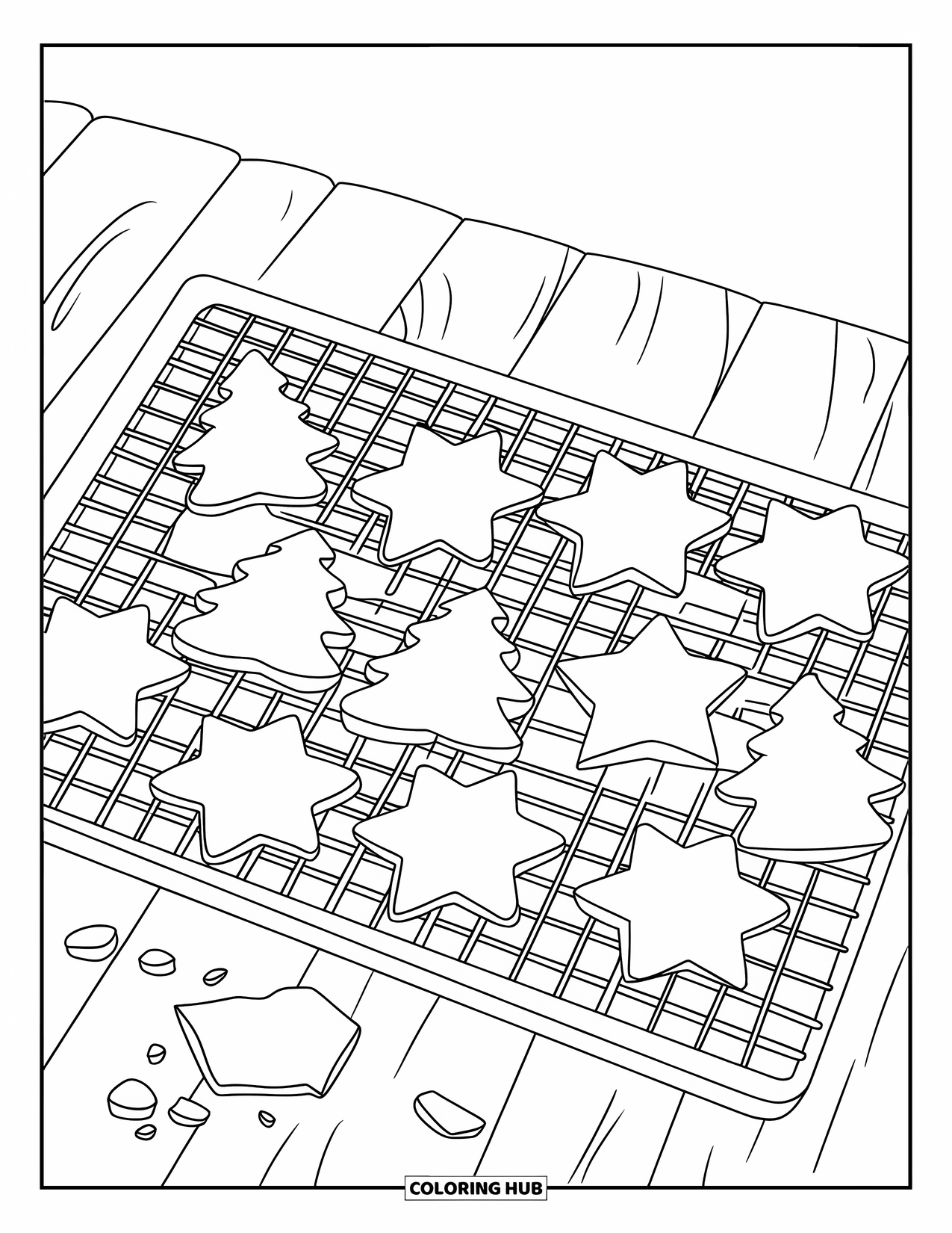 Christmas Cookie Coloring Page for Kids: Tree and star cookies rest on a rack over a wooden table