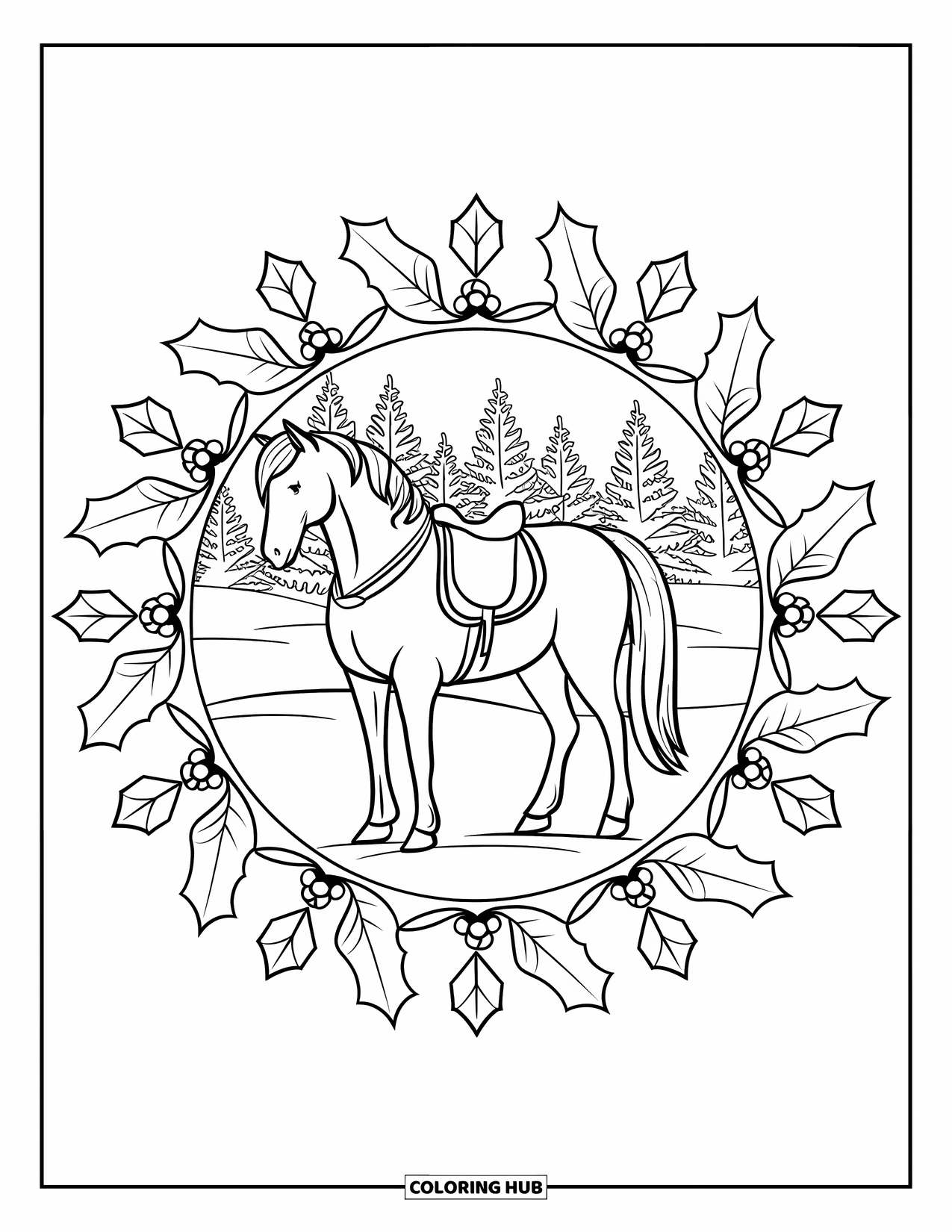 Christmas Horse Coloring Page for Adults: A calm Christmas horse wears a saddle inside a holly and pinecone mandala