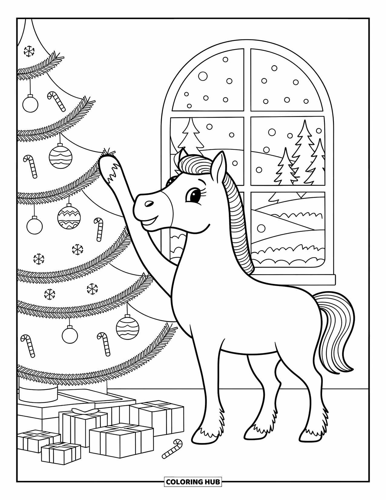 Christmas Horse Coloring Page for Adults: A cheerful horse nudges an ornament onto a snowy Christmas tree