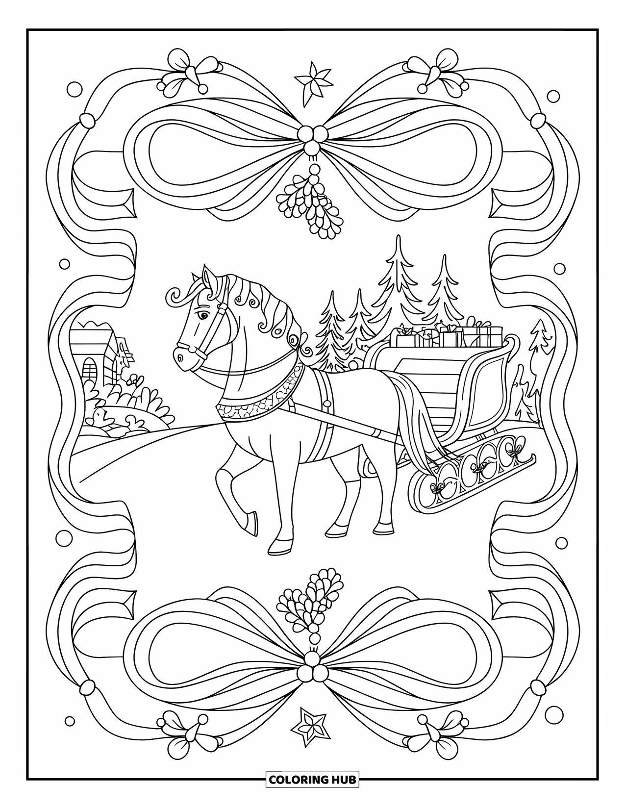 Christmas Horse Coloring Page for Adults: A Christmas horse stands by a sleigh with mistletoe and snowy trees