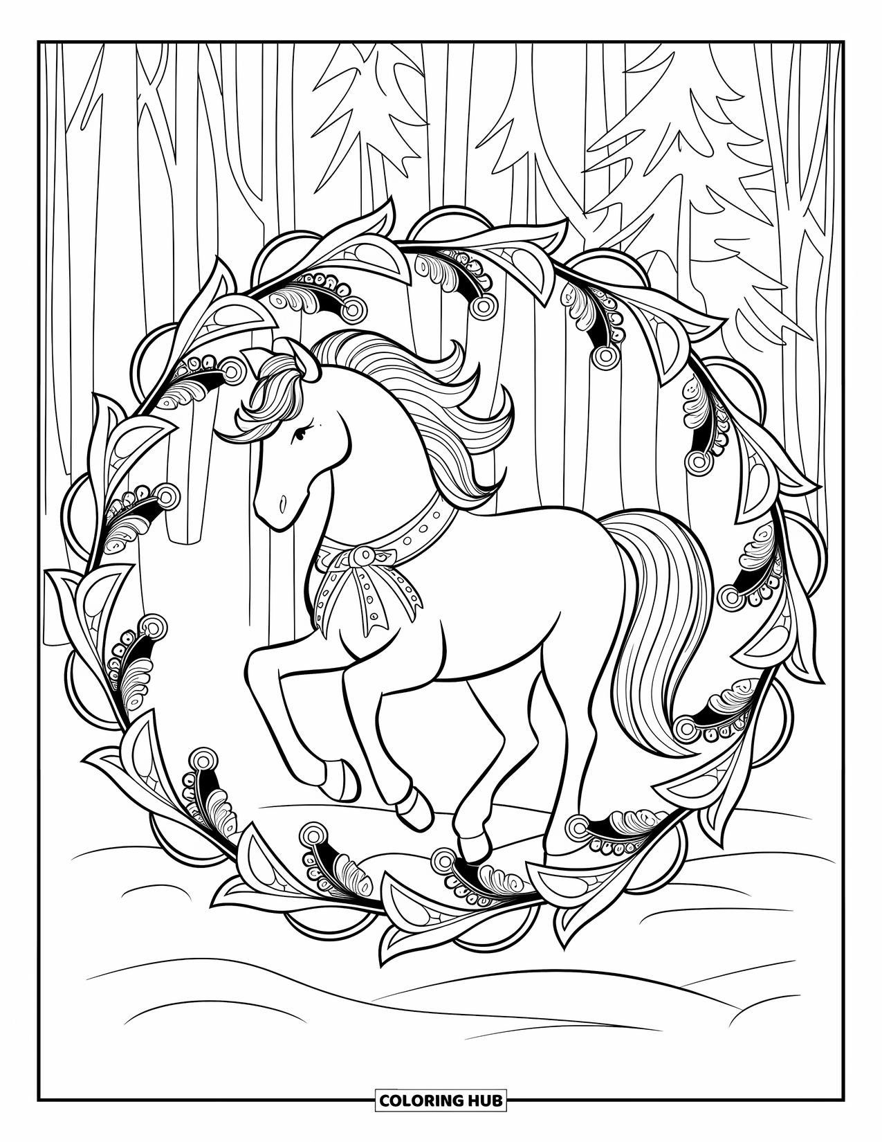 Christmas Horse Coloring Page for Adults: A Christmas horse stands surrounded by swirling holly and bell mandala patterns