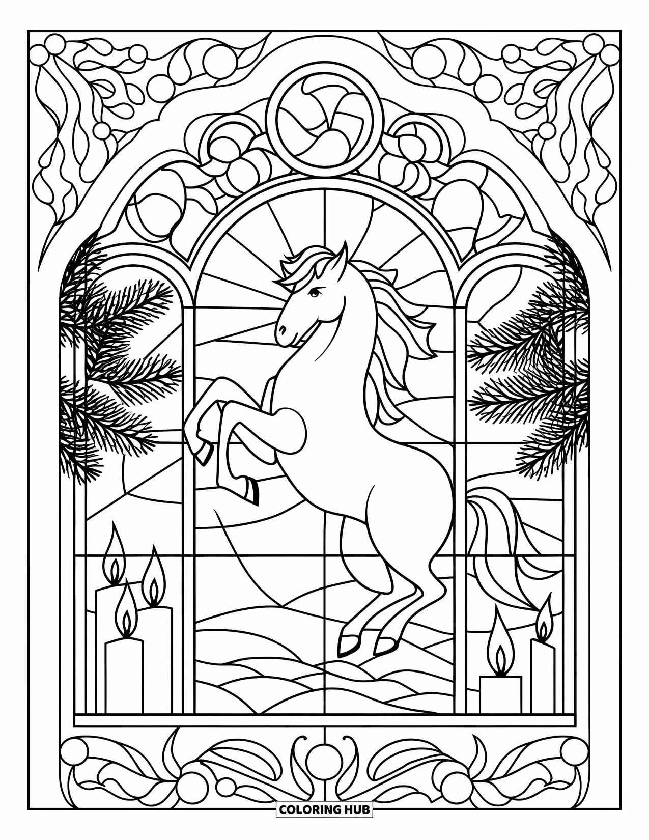 Christmas Horse Coloring Page for Adults: A Christmas horse stands within stained glass surrounded by pine and swirls