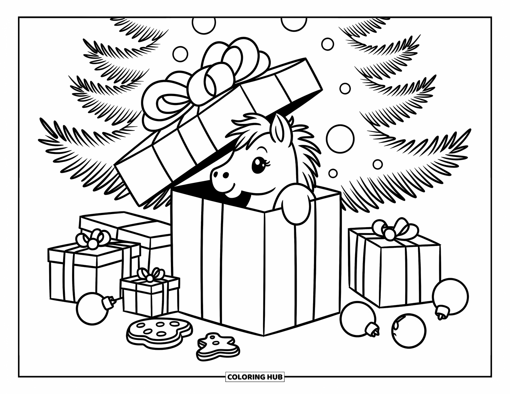 Christmas Horse Coloring Page for Adults: A curious horse pops out of a present surrounded by cookies and ornaments