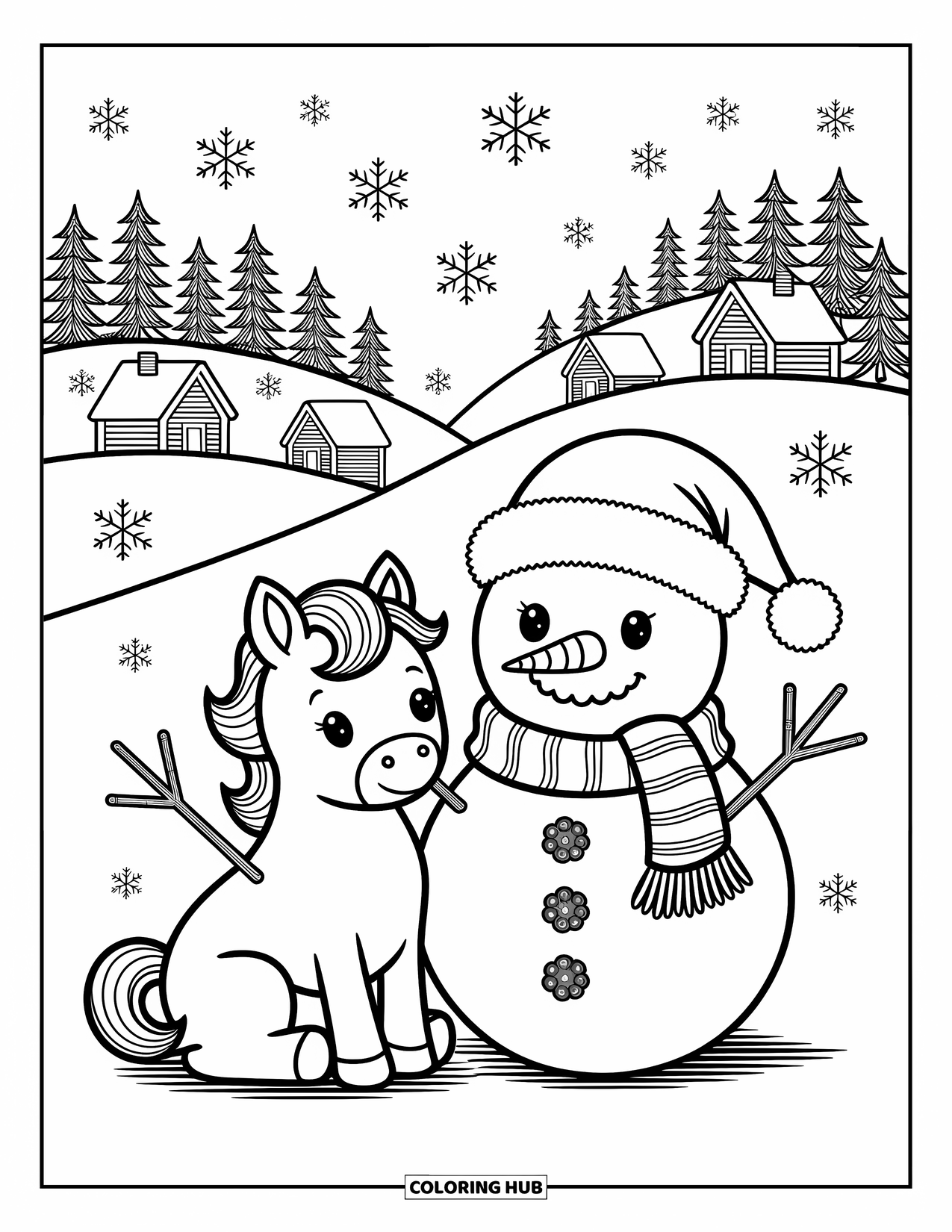 Christmas Horse Coloring Page for Adults: A cute horse sits with a snowman, surrounded by snowflakes and cozy cabins