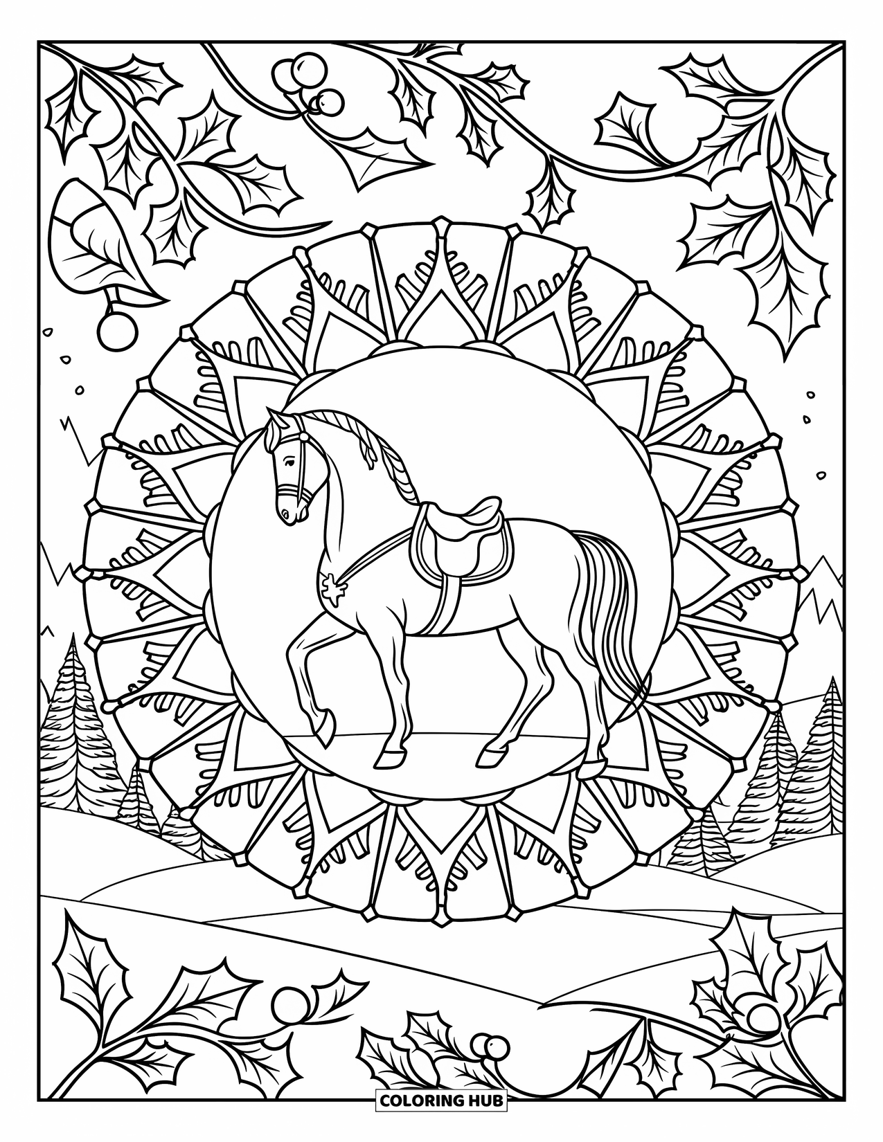 Christmas Horse Coloring Page for Adults: A detailed horse stands in a snowy mandala with holly and trees