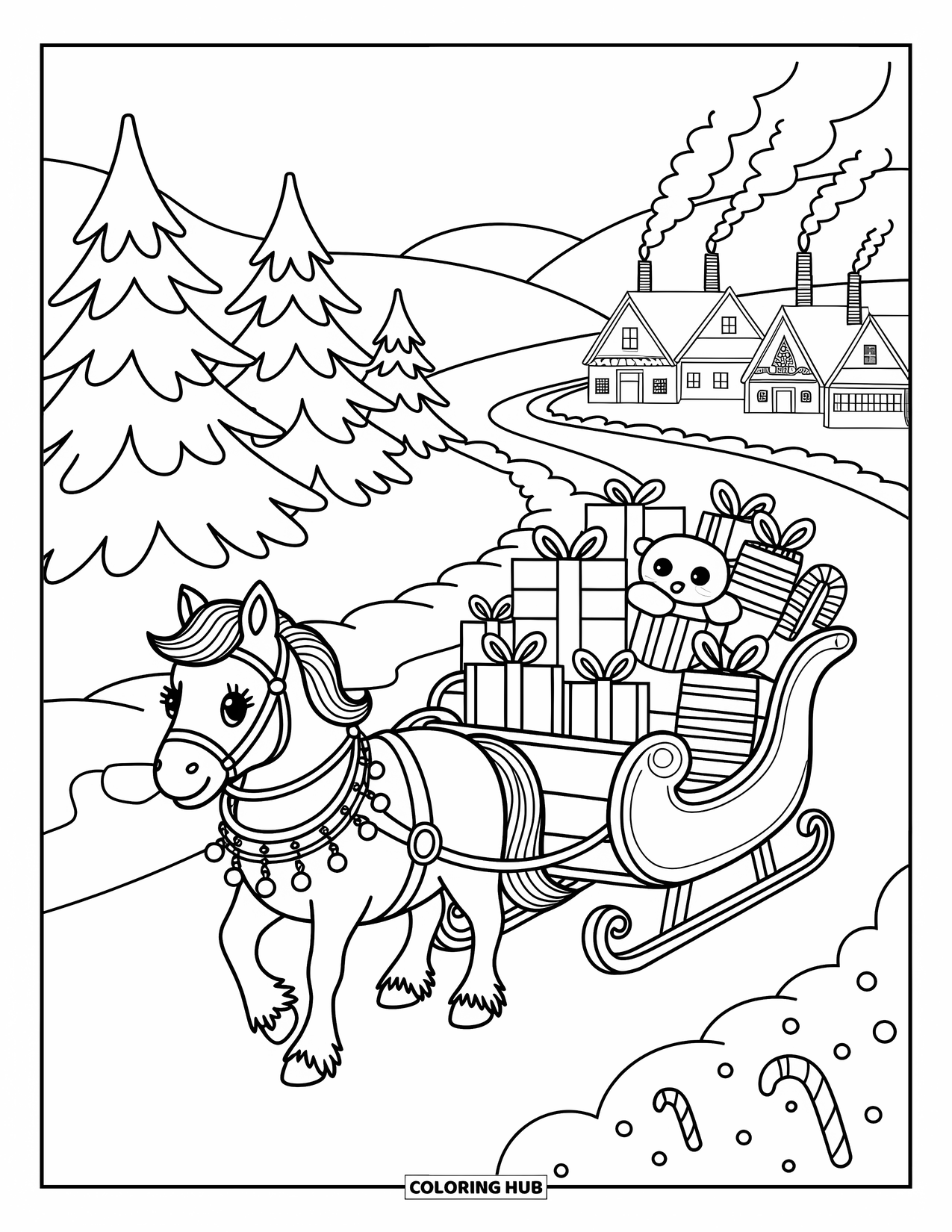 Christmas Horse Coloring Page for Adults: A festive horse pulls a sleigh toward a distant village in the snow