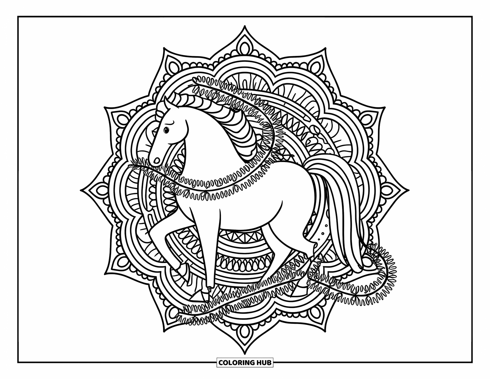 Christmas Horse Coloring Page for Adults: A festive horse stands in a patterned mandala of garlands and swirls