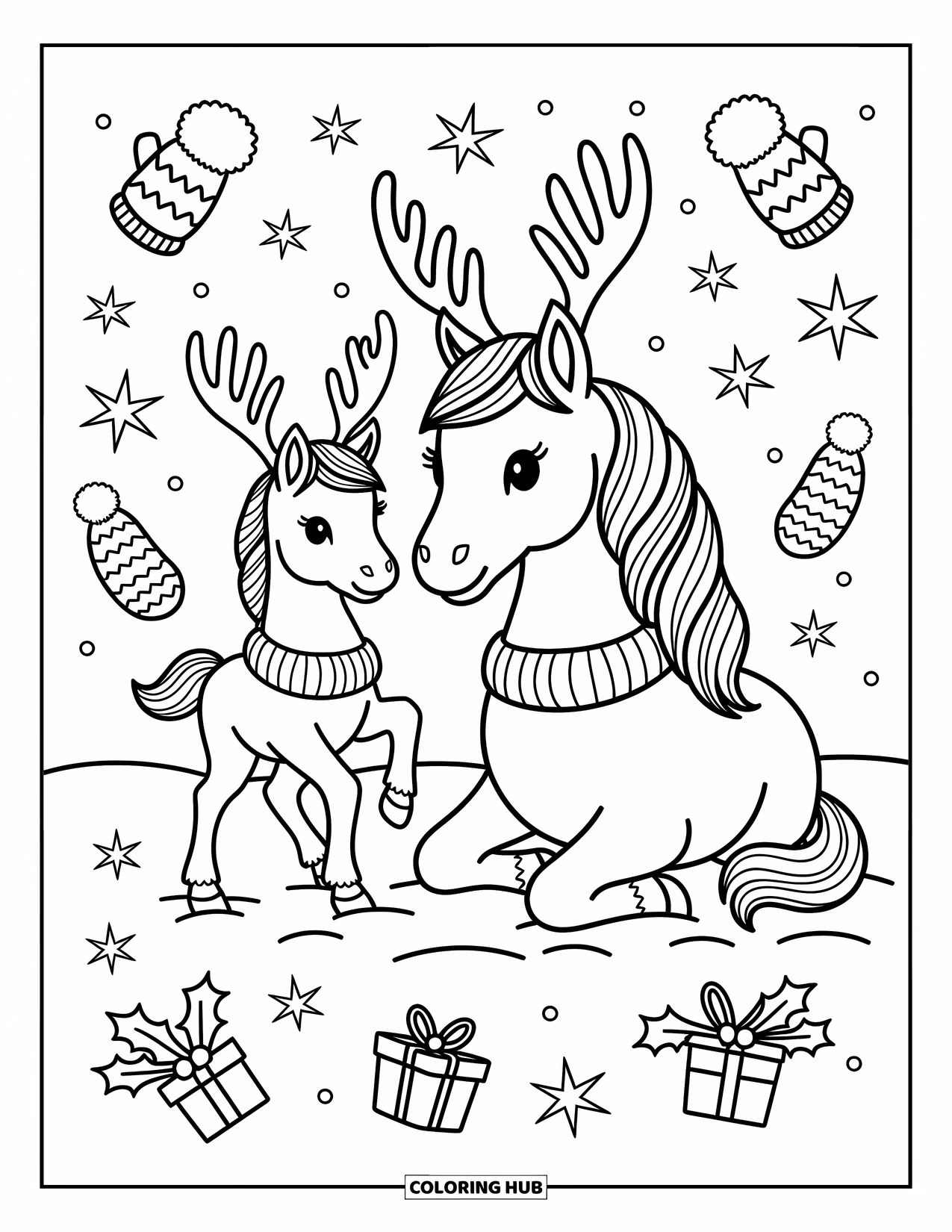 Christmas Horse Coloring Page for Adults: A foal prances beside its antler-wearing mother in a field of gifts and stars