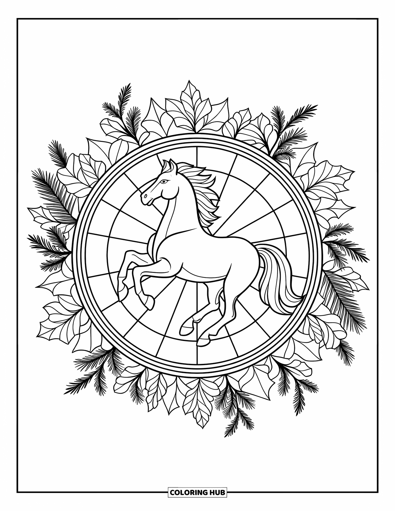 Christmas Horse Coloring Page for Adults: A galloping horse is centered in a stained-glass circle with Christmas greenery