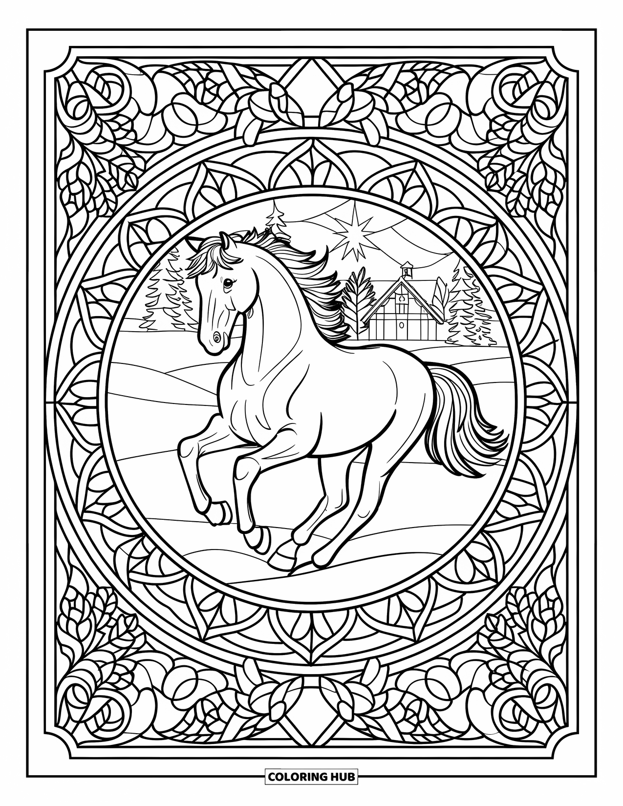 Christmas Horse Coloring Page for Adults: A galloping horse runs through a stained-glass circle with trees and a snowy house