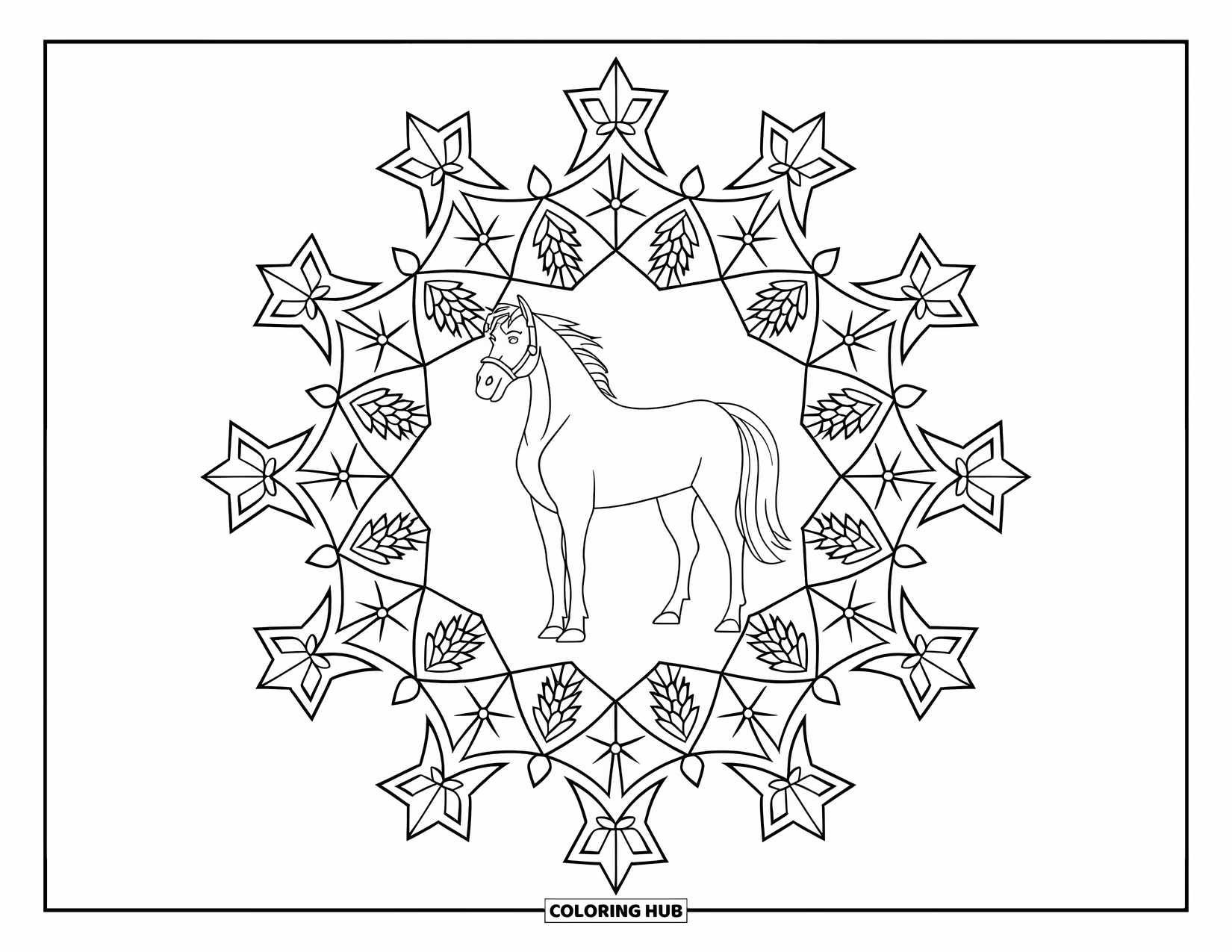 Christmas Horse Coloring Page for Adults: A haltered horse stands inside a circle of festive stars and pinecones