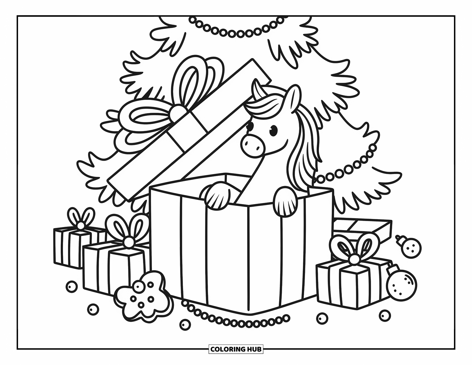 Christmas Horse Coloring Page for Adults: A happy horse peeks from a present beside a cookie and festive decorations