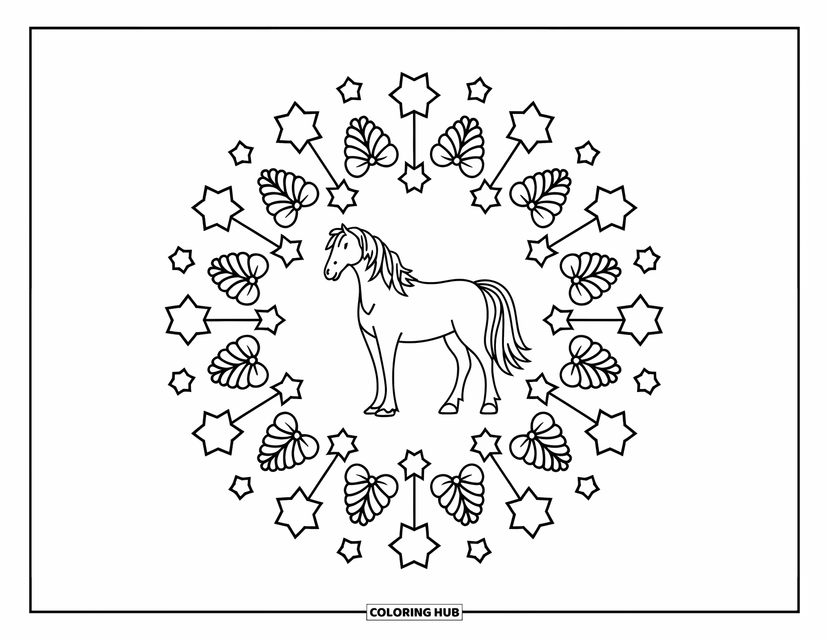 Christmas Horse Coloring Page for Adults: A horse stands in the center of stars, pinecones, and Christmas bows