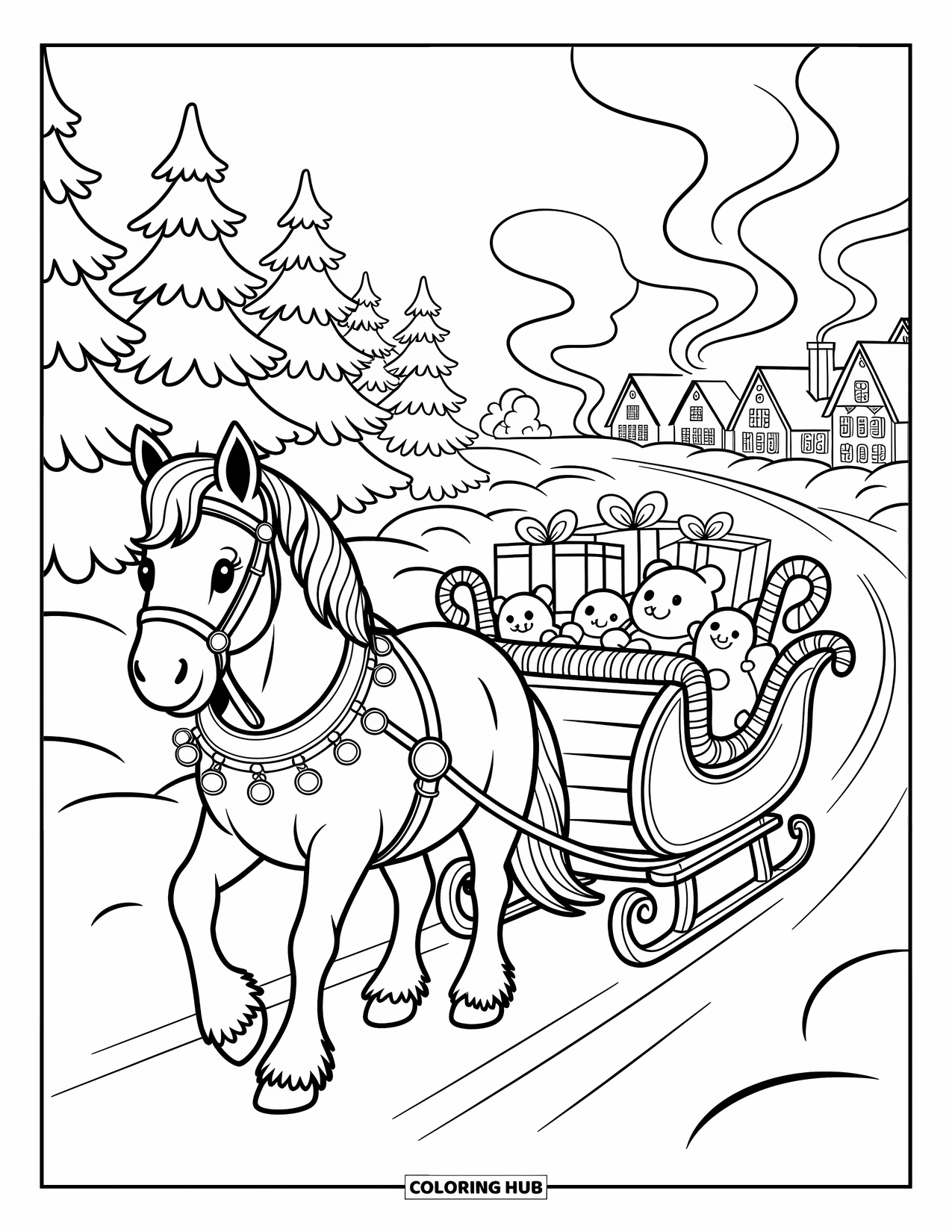 Christmas Horse Coloring Page for Adults: A jingle-belled horse pulls a sleigh full of gifts through snowy trees