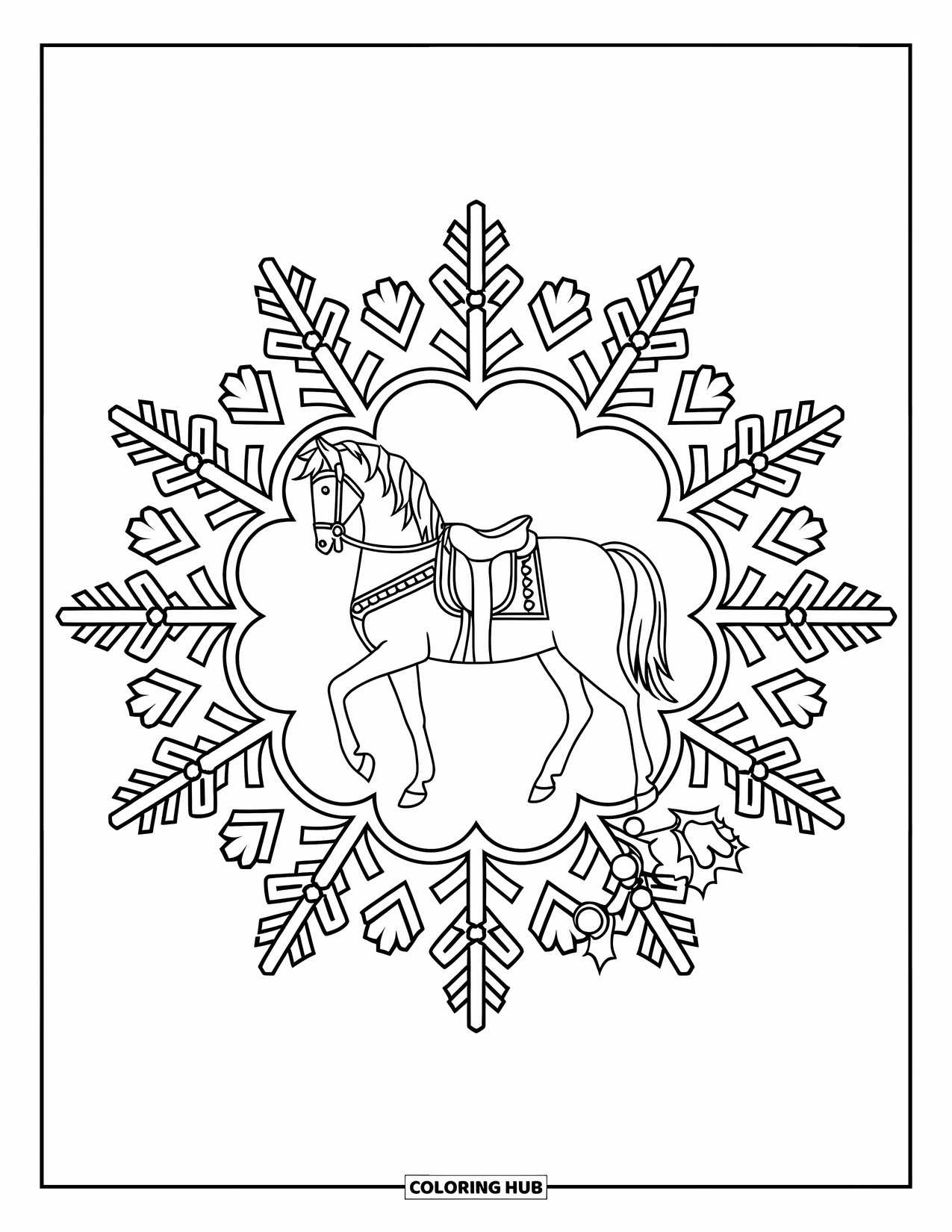 Christmas Horse Coloring Page for Adults: A noble horse stands in a snowflake mandala with Christmas vines