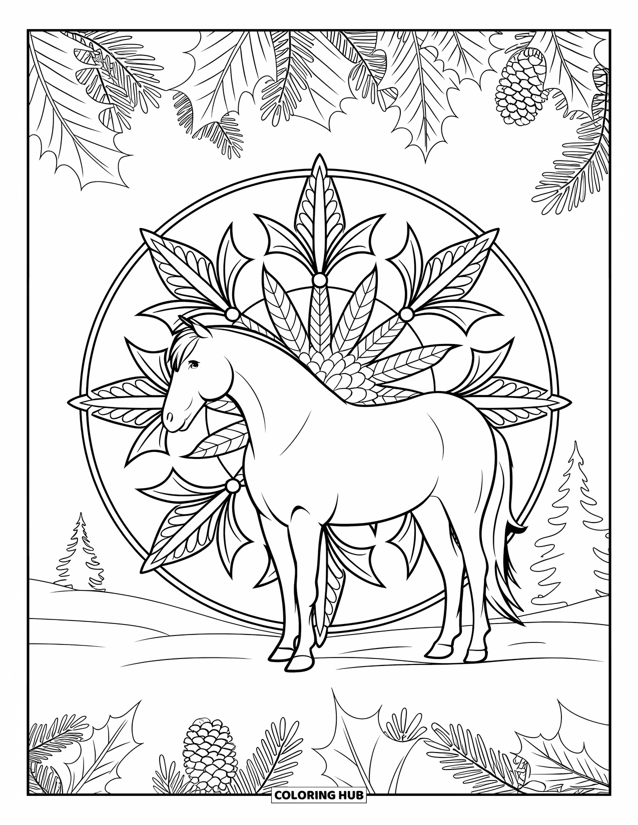 Christmas Horse Coloring Page for Adults: A peaceful horse stands in snow framed by a holly and pinecone mandala