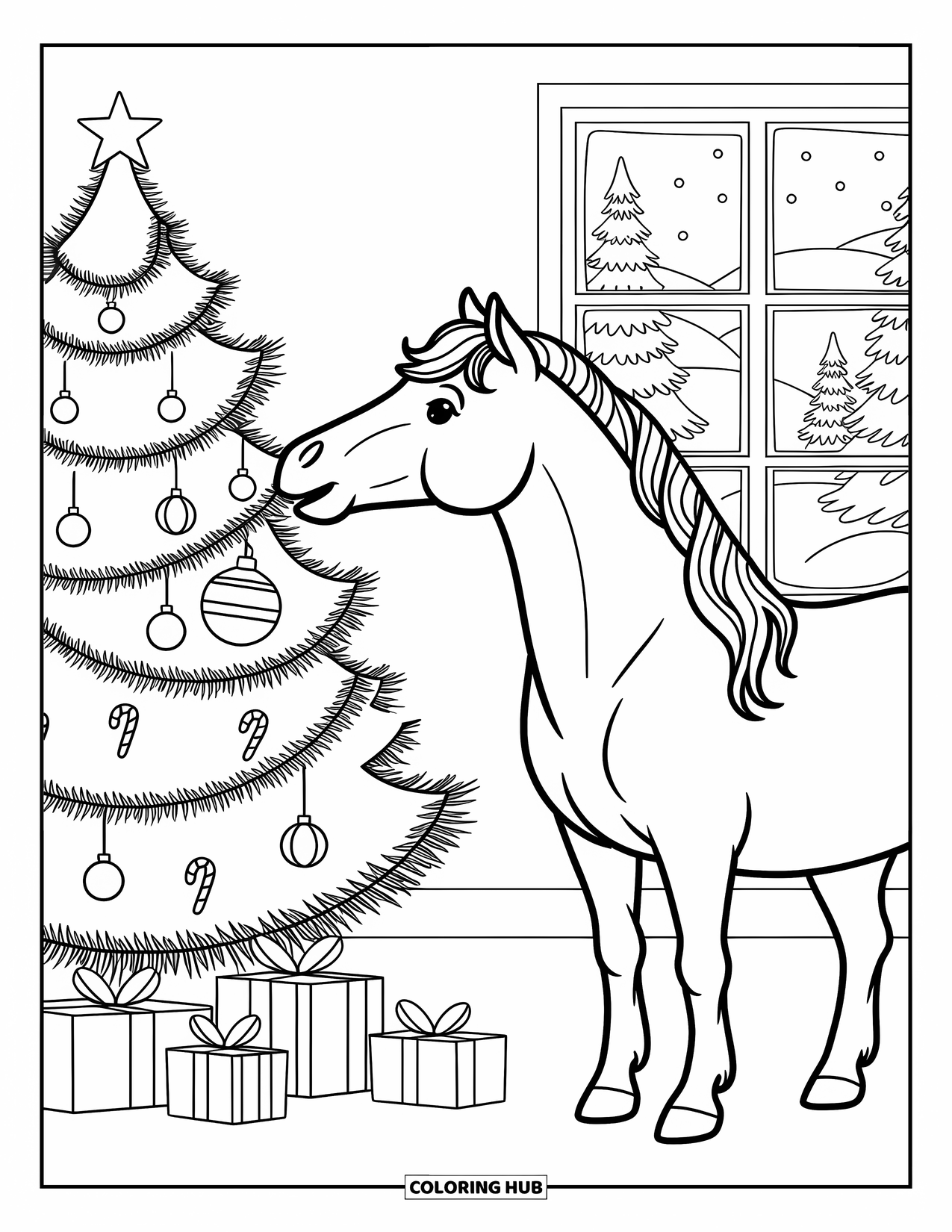 Christmas Horse Coloring Page for Adults: A playful horse decorates a tree with ornaments and garlands