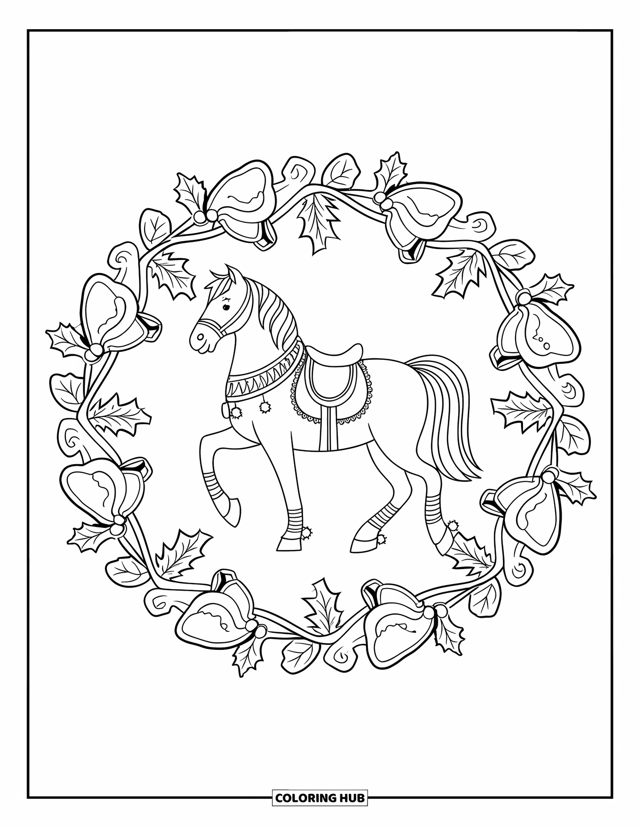 Christmas Horse Coloring Page for Adults: A scarfed horse stands within a detailed mandala of holly and bells