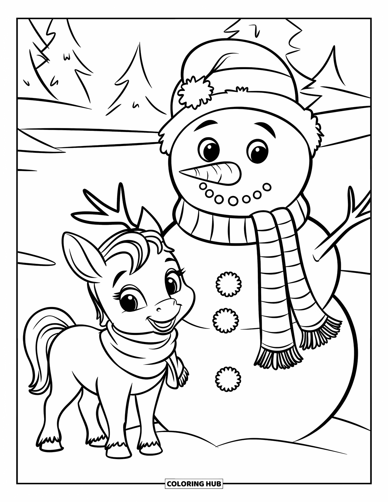 Christmas Horse Coloring Page for Kids: A baby horse and a snowman stand together on a snowy day