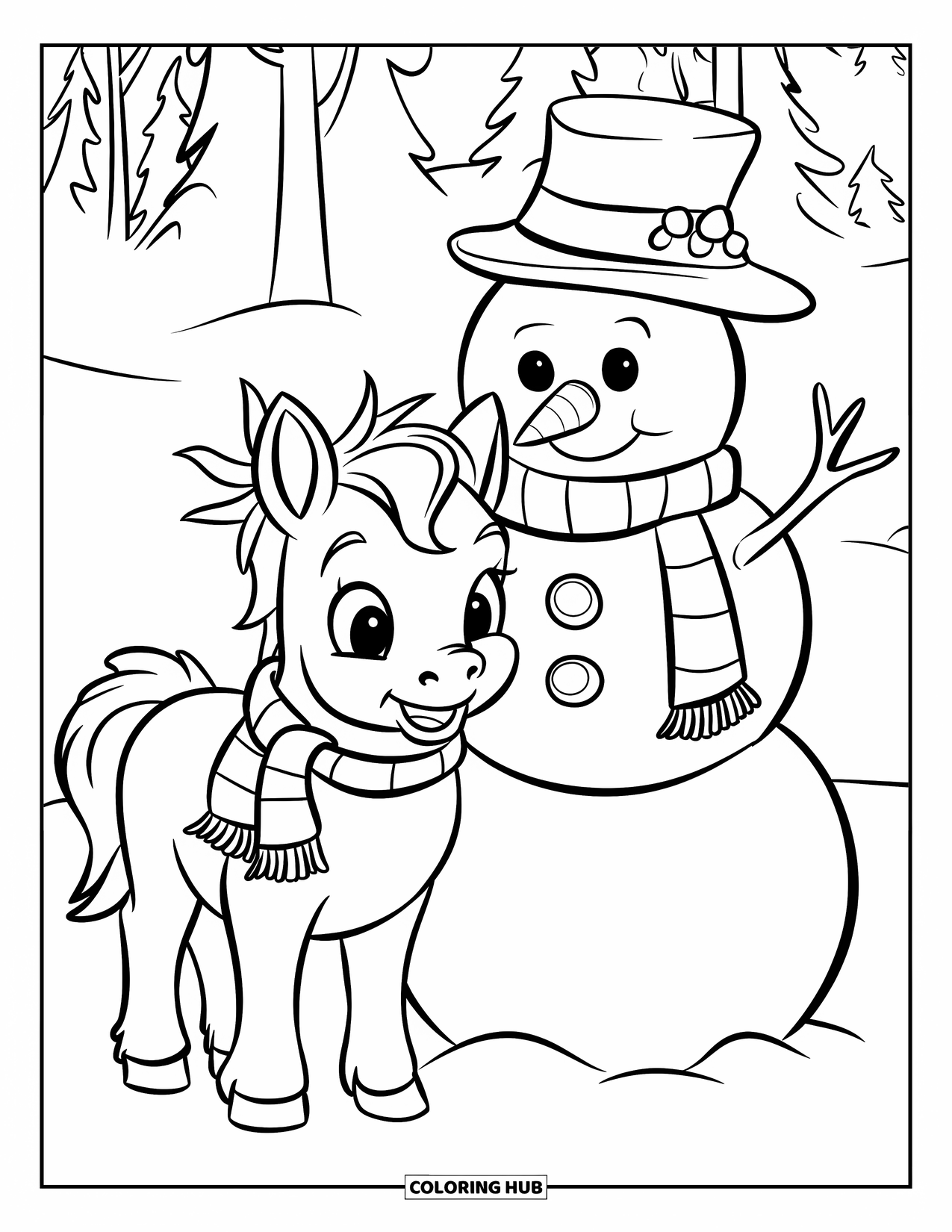 Christmas Horse Coloring Page for Kids: A baby horse in a scarf stands beside a decorated snowman