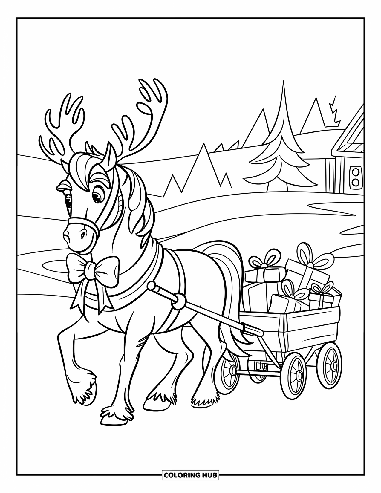 Christmas Horse Coloring Page for Kids: A big-bowed horse with antlers pulls a present-filled wagon through snow