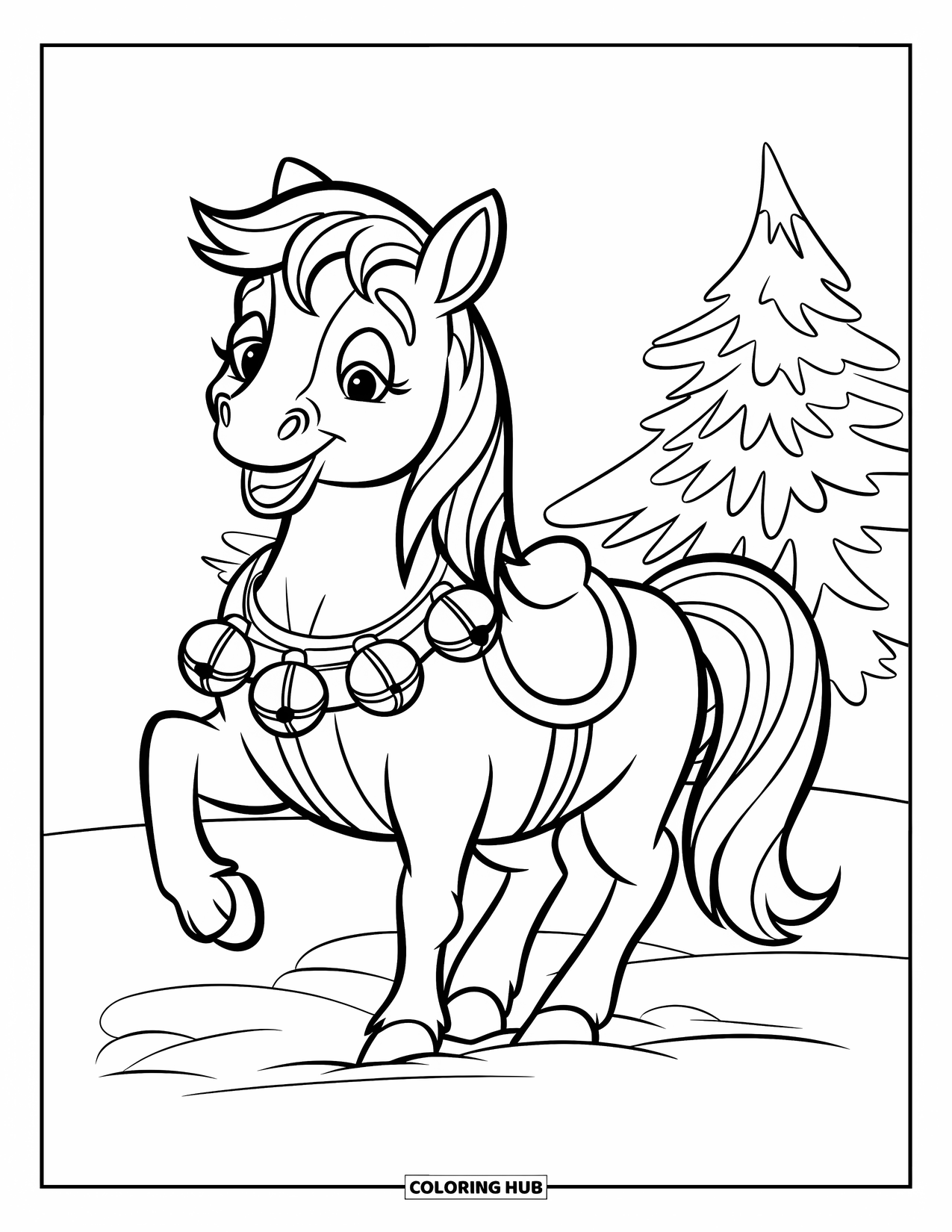 Christmas Horse Coloring Page for Kids: A cheerful horse stands in the snow near a tree and snowy ground