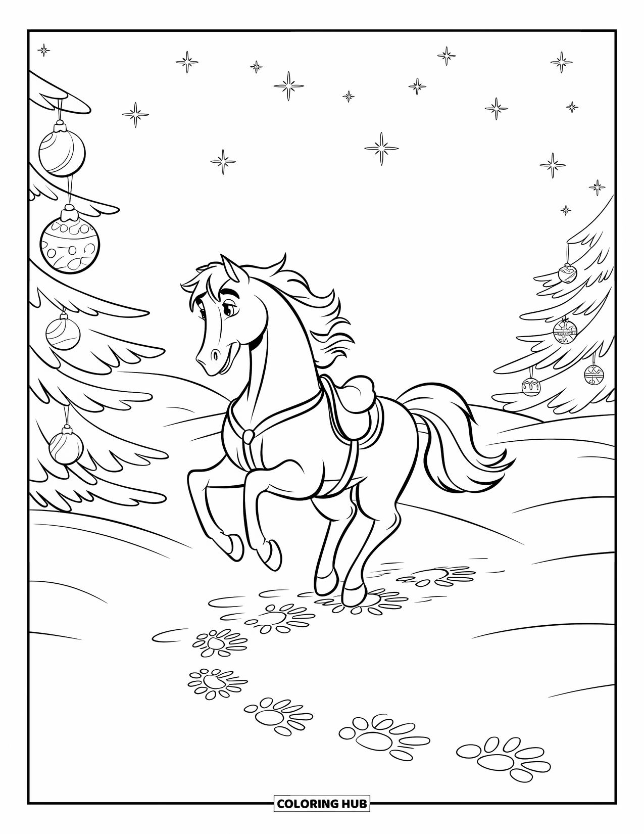 Christmas Horse Coloring Page for Kids: A festive horse leaves tracks in a snowfield dotted with ornaments and trees