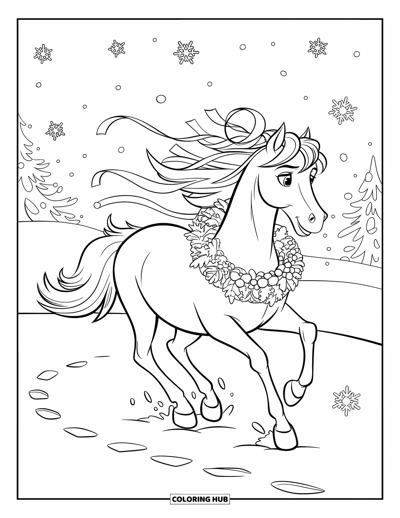 Christmas Horse Coloring Page for Kids: A festive horse runs through snow with ribbons and a wreath around its neck