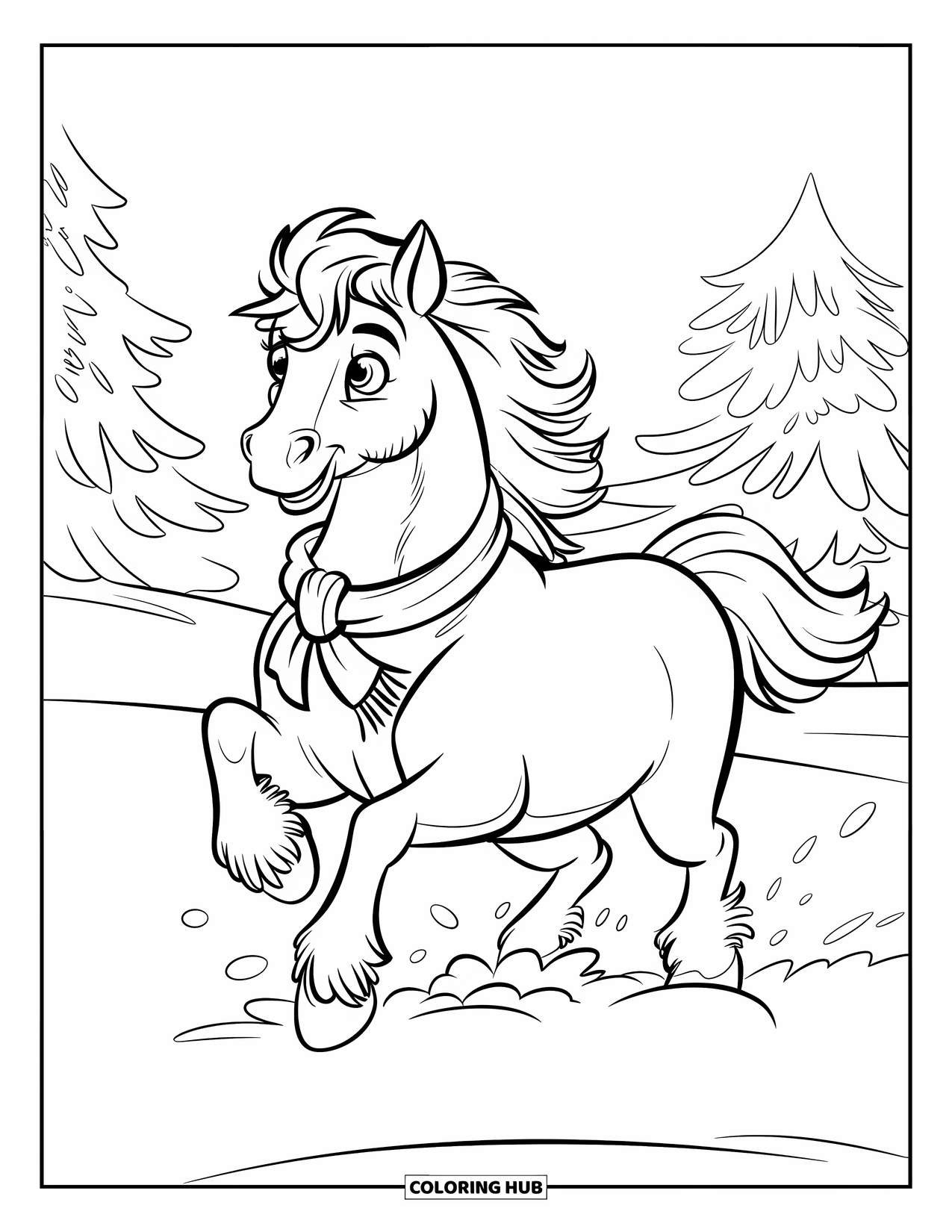 Christmas Horse Coloring Page for Kids: A fluffy horse with a scarf runs happily through a snowy Christmas field