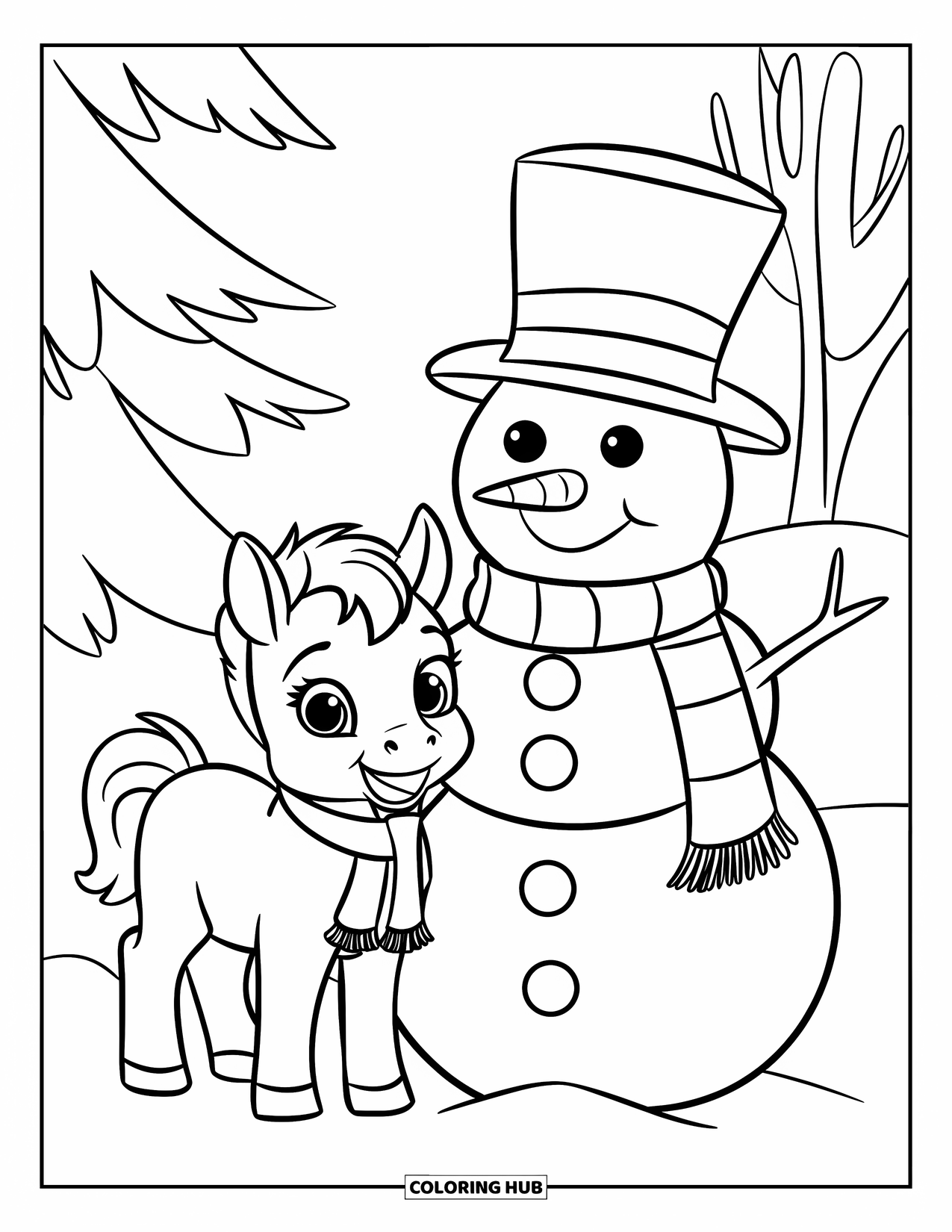 Christmas Horse Coloring Page for Kids: A foal in a scarf stands near a festive snowman in the snow