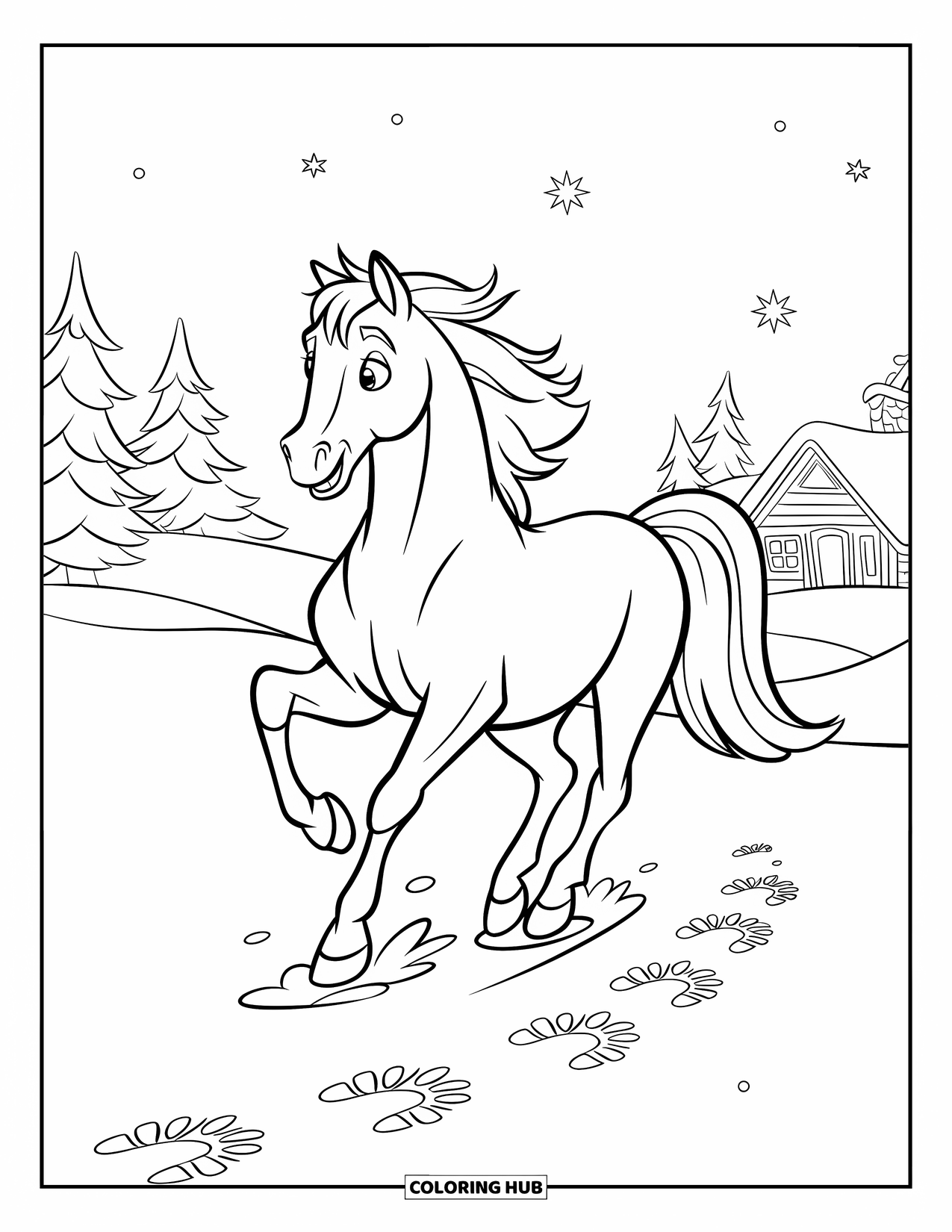 Christmas Horse Coloring Page for Kids: A galloping horse leaves hoofprints in snow near trees and a cozy cabin