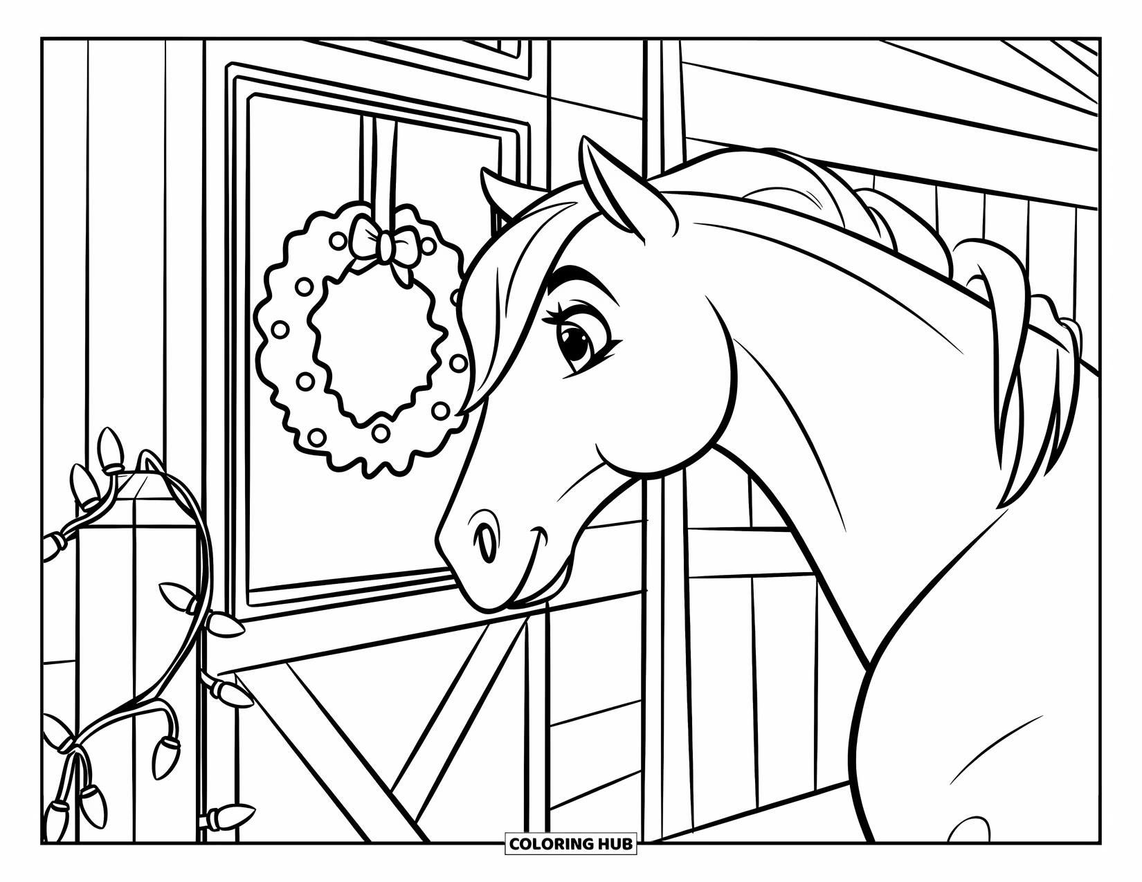 Christmas Horse Coloring Page for Kids: A gentle horse with a brown mane peers out a snowy barn window