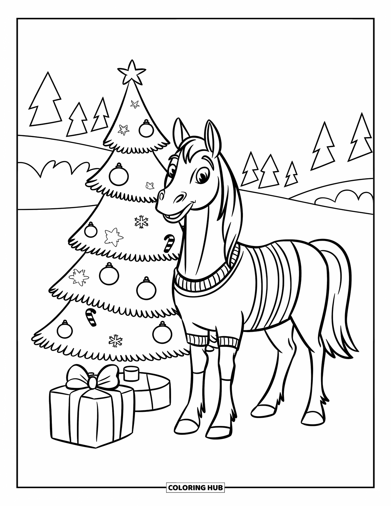 Christmas Horse Coloring Page for Kids: A gift rests by a tree as a sweatered horse smiles nearby