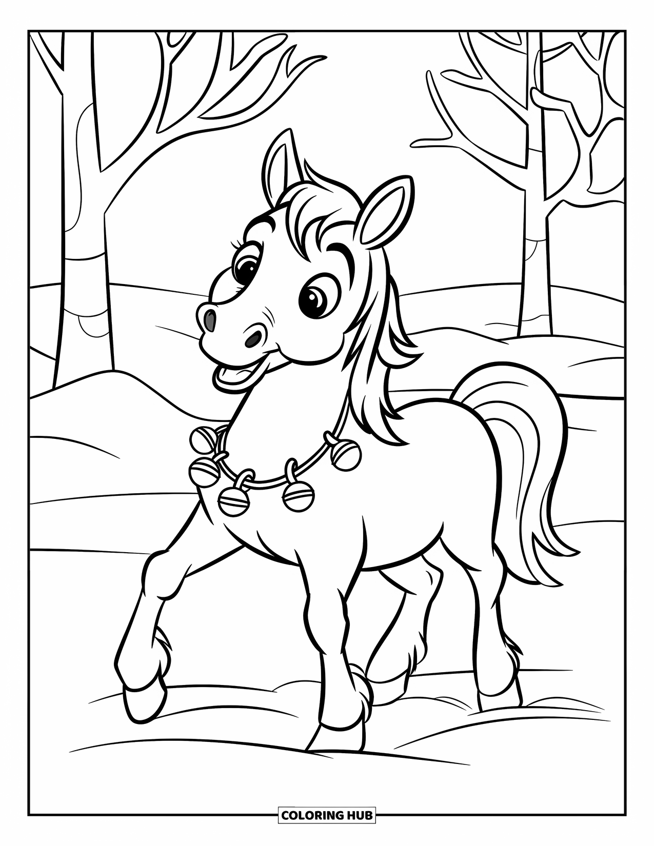 Christmas Horse Coloring Page for Kids: A happy horse with bells stands in snow with trees in the background