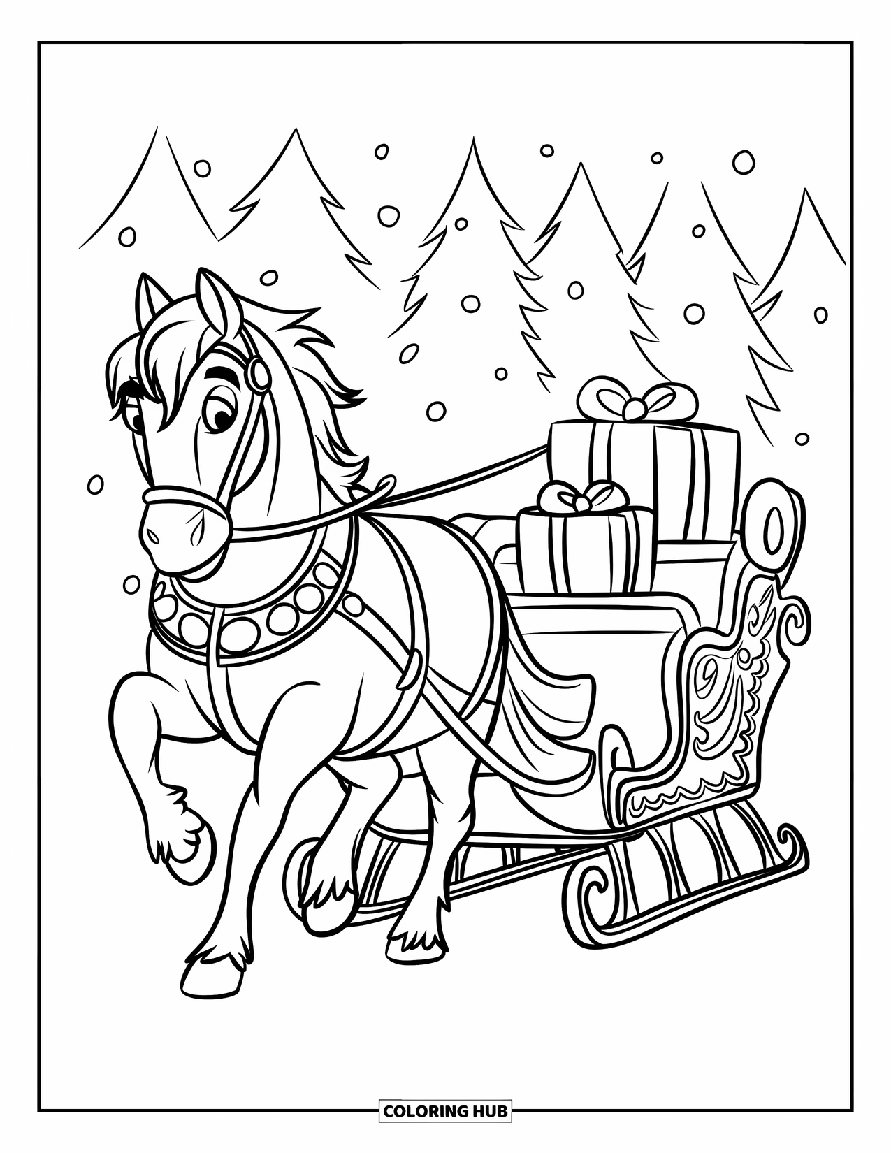 Christmas Horse Coloring Page for Kids: A harnessed horse pulls a sleigh full of gifts through snowy woods