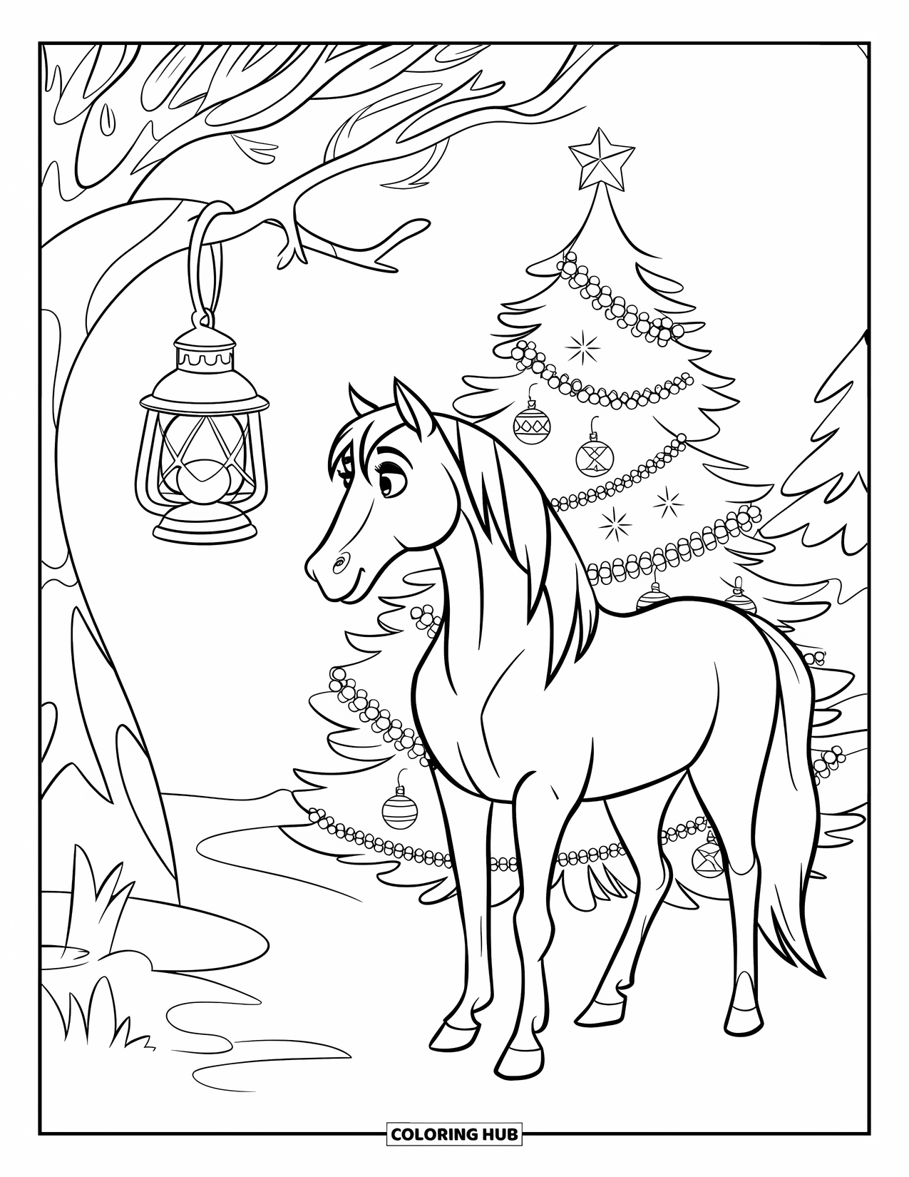 Christmas Horse Coloring Page for Kids: A horse and lantern sit beside a decorated Christmas tree in the snow