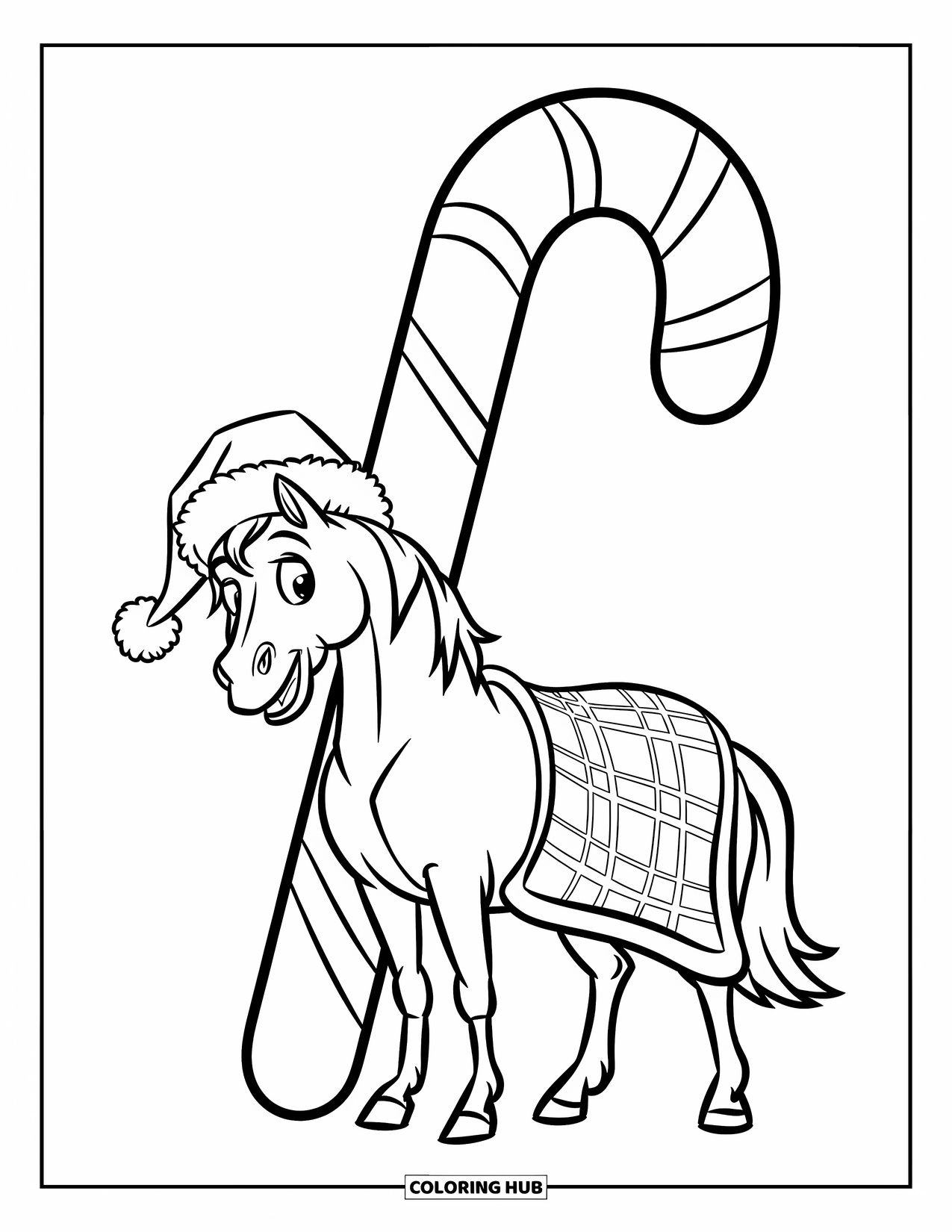 Christmas Horse Coloring Page for Kids: A horse in a Santa hat and plaid blanket stands beside a giant candy cane