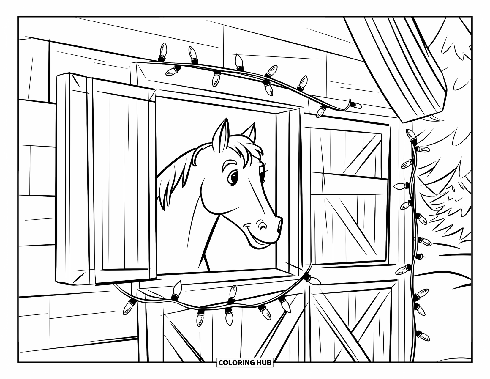 Christmas Horse Coloring Page for Kids: A horse looks out a barn window wrapped in snowy lights and trees