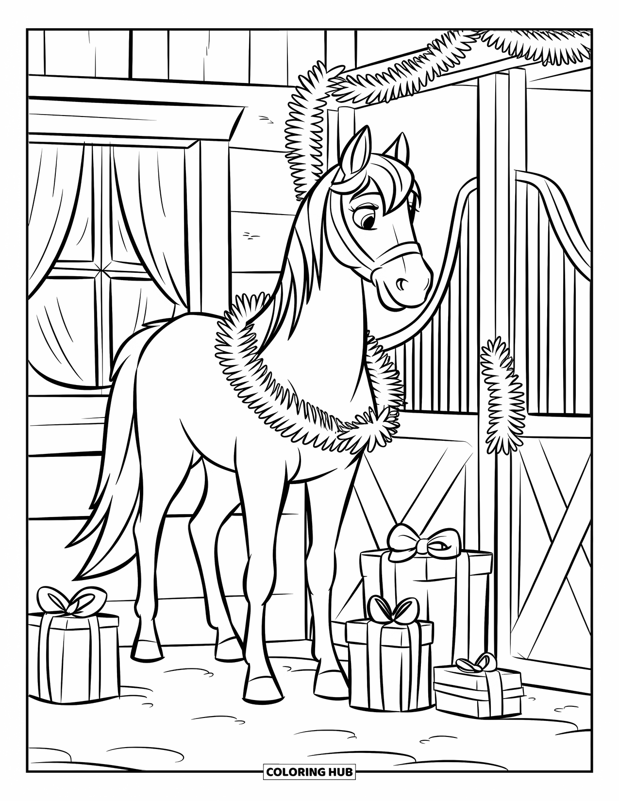 Christmas Horse Coloring Page for Kids: A horse with a ribbon stands near wrapped presents and garlands in a cozy stall