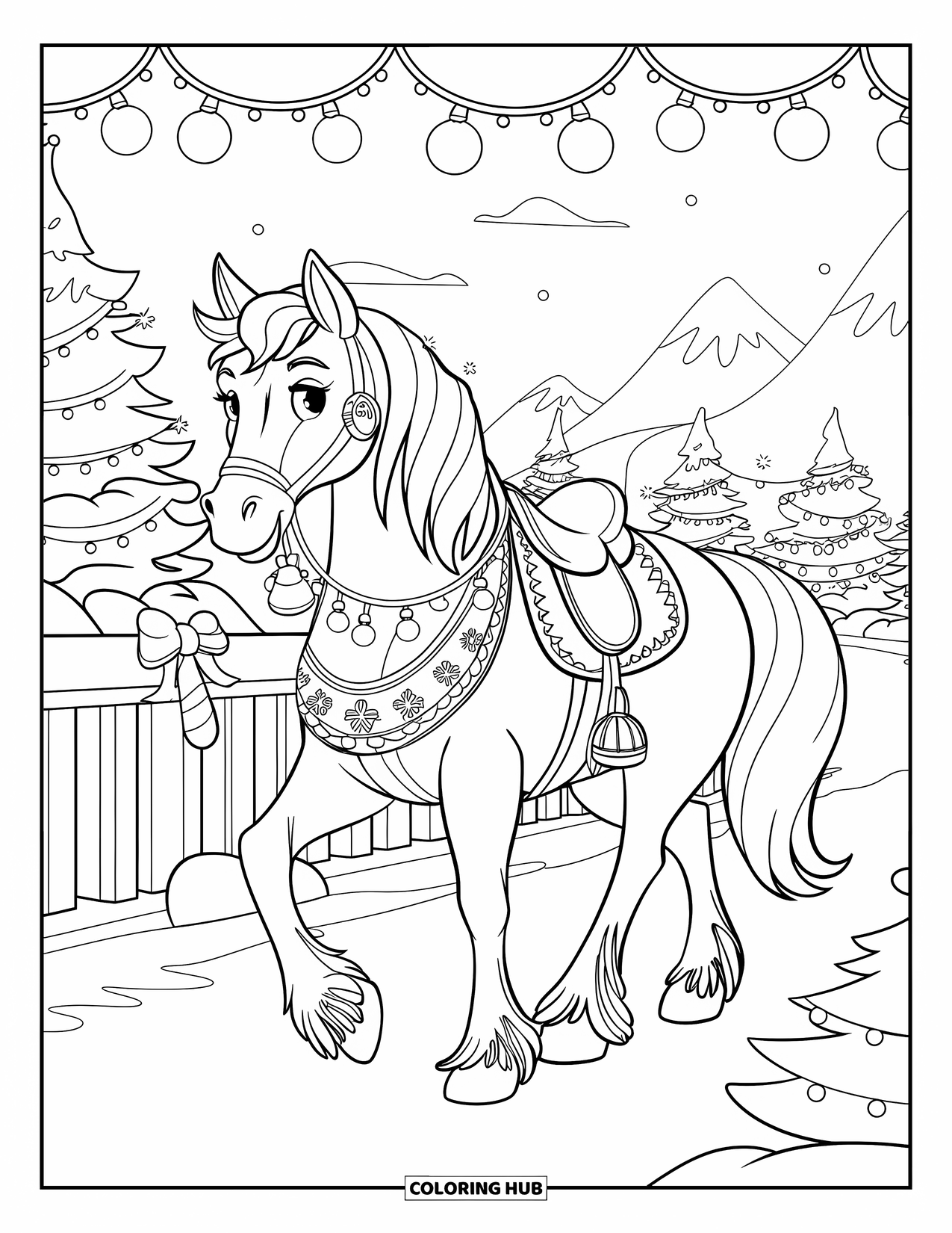 Christmas Horse Coloring Page for Kids: A horse with jingle bells walks a snowy path lit with lights