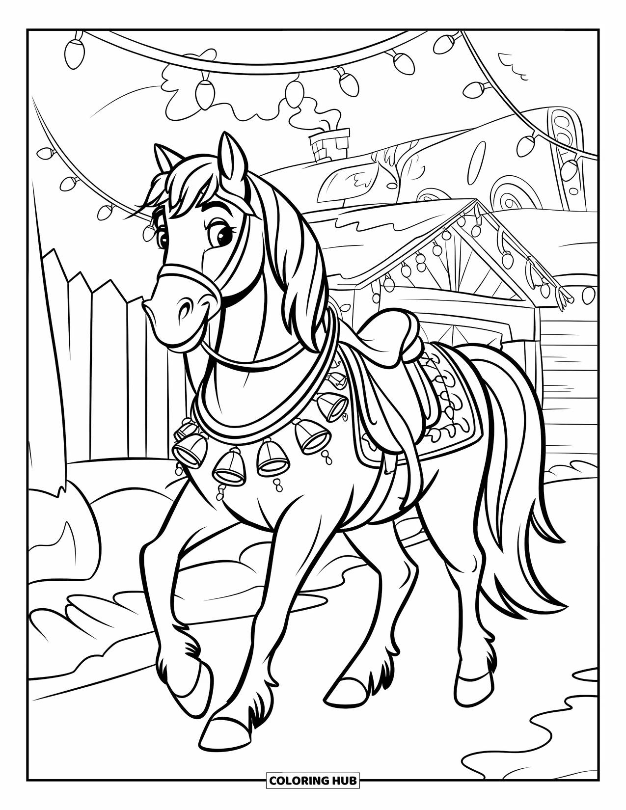 Christmas Horse Coloring Page for Kids: A jingle-bell horse walks past a cozy cabin and twinkling Christmas lights